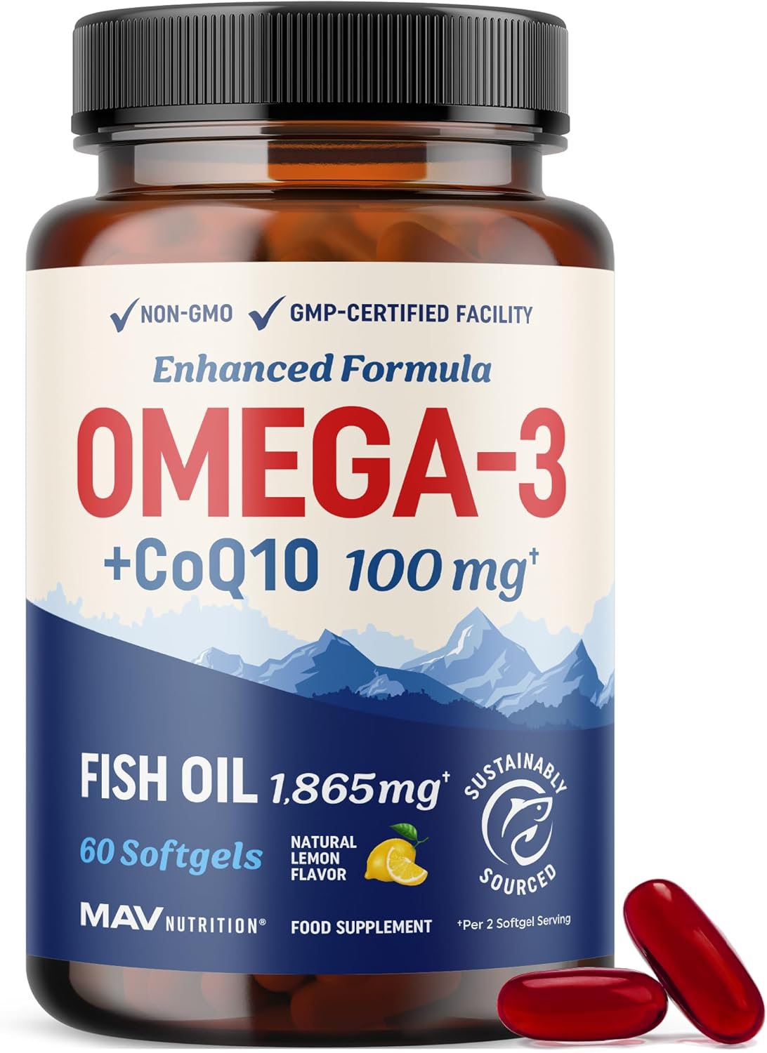 Omega 3 Fish Oil + Co Q10 | 1305MG Omega-3 with CoQ10 100MG for Heart Health, Cellular Energy, and Antioxidant Support | Co Q 10 + Omega3 | Coenzyme Q10 Fish Oil Supplements | Non-GMO | 60 Ct