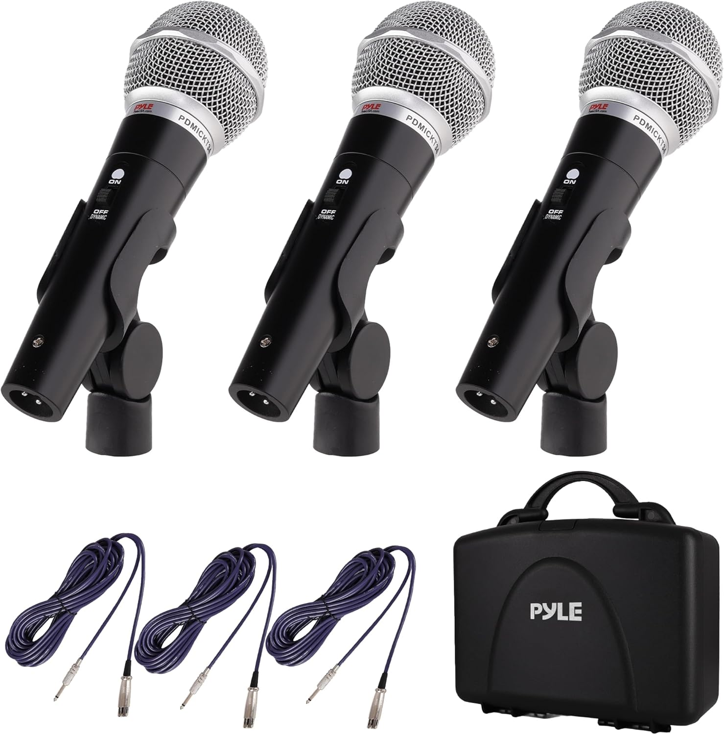 Pyle 3 Piece Professional Dynamic Microphone Kit Cardioid Unidirectional Vocal Handheld MIC with Hard Carry Case & Bag, Holder/Clip & 26ft XLR Audio Cable to 1/4'' Audio Connection (PDMICKT34),Black