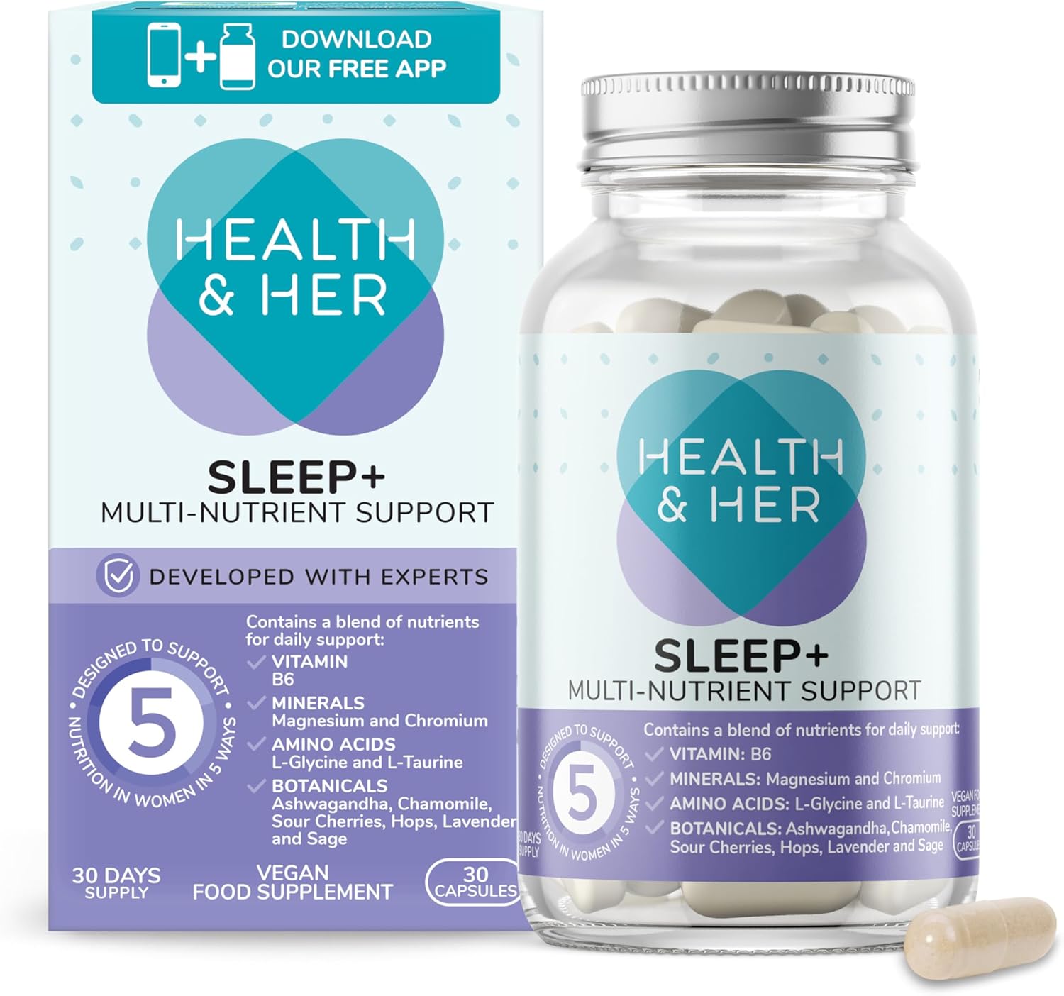 Health & Her Sleep+ Supplements for Women - 1 Month Supply, 30 Capsules - Women's Multivitamin with Lavender, Chamomile & Magnesium - Vegan, Gluten-Free