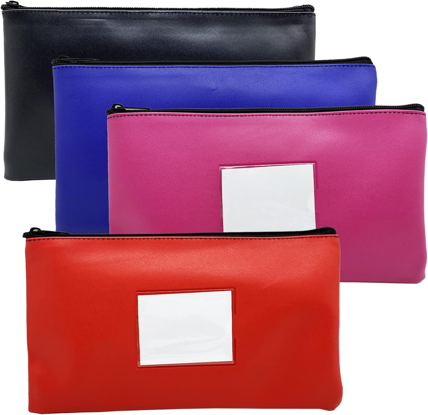 Bank Deposit Money Bag Pouch (4 Pack), Utility Leatherette Securit Vinyl Zipper Wallet Pouches with Framed ID Window and Blank Card for Cash Money, Cosmetics, Tools, 11x6 inches (4 Color)