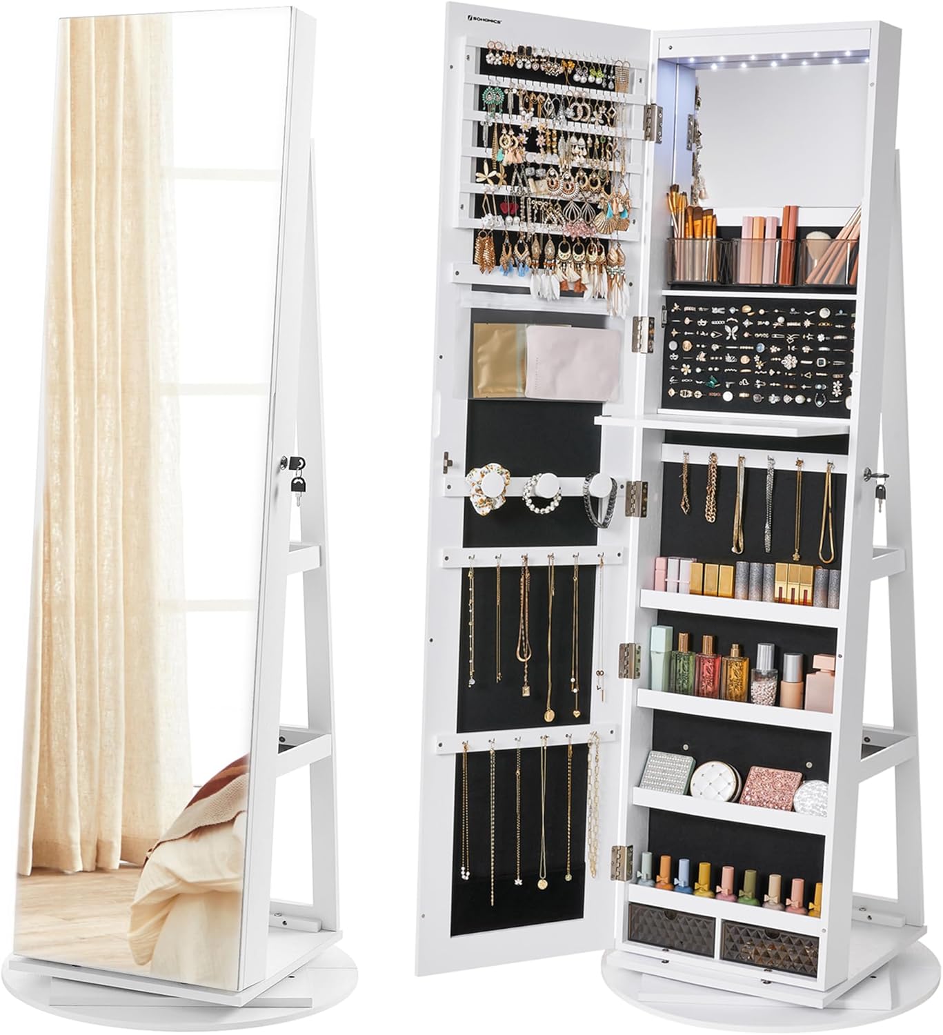 SONGMICS 6 LEDs Lockable Mirror Jewelry Cabinet, 360° Swivel Jewelry Organizer Armoire Standing, Frameless Full-Length Mirror, 3 Storage Shelves, White Surface, Black Lining UJJC007W01