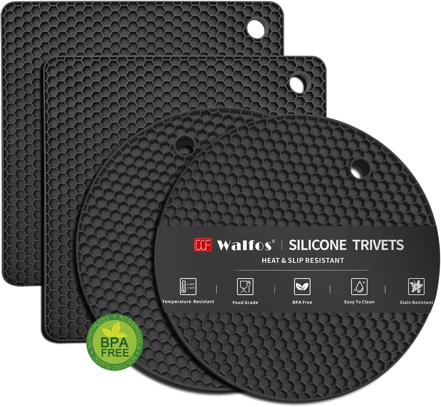 Walfos Silicone Trivet Mats - 4 Heat Resistant Pot Holders, Multipurpose Non-Slip Hot Pads for Kitchen Potholders, Hot Dishers, Jar Opener, Spoon Holder, Food Grade Silicone & BPA Free (Black)
