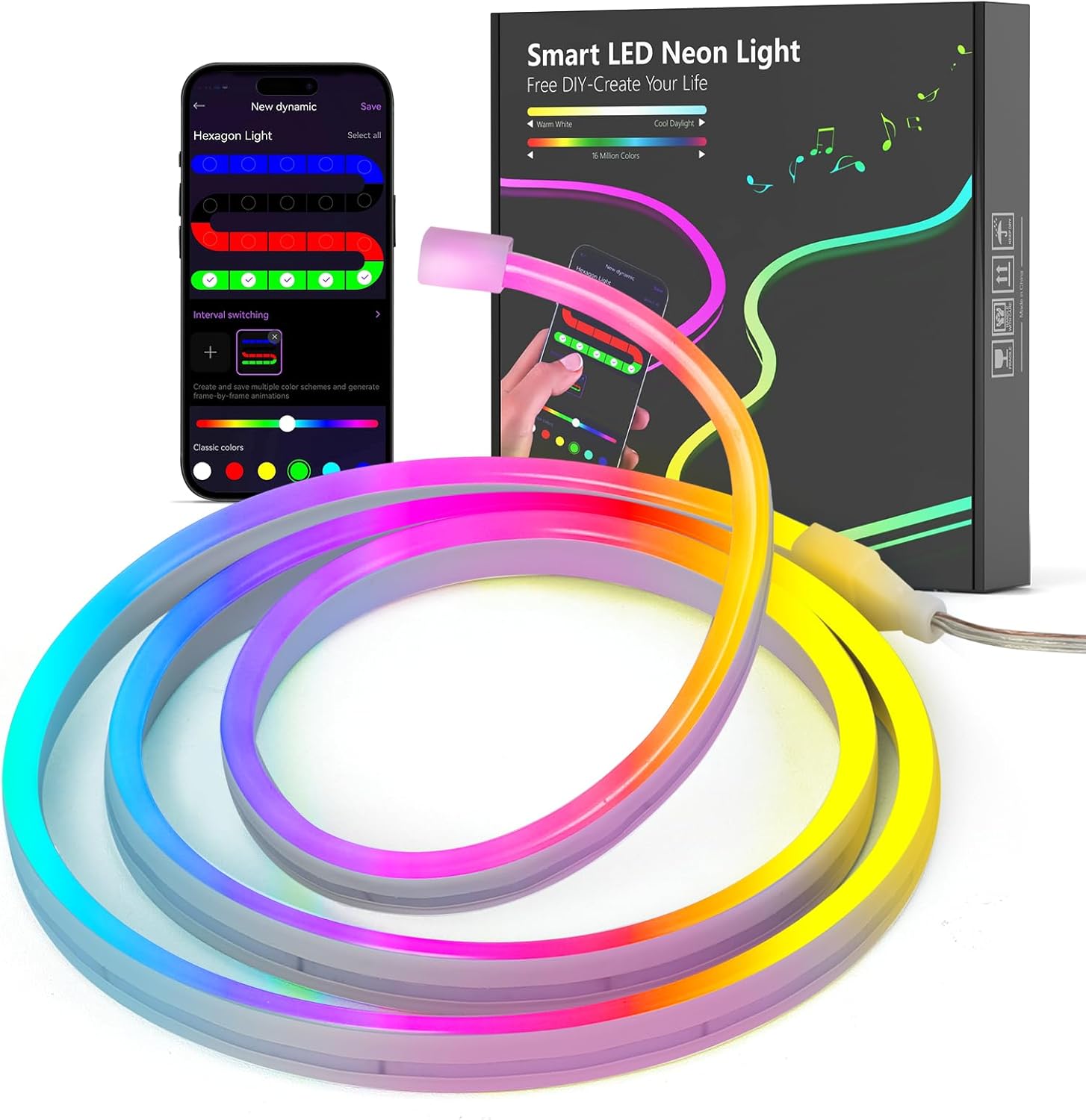 Kangtaixin 3.3FT/1M LED Neon Rope Lights, RGB LED Strip Lights App Control, Music Syncing, LED Neon Lights Strip Flexible DIY Design for Bedroom, Living, Gaming, Kitchen, Indoor, Party Decoration