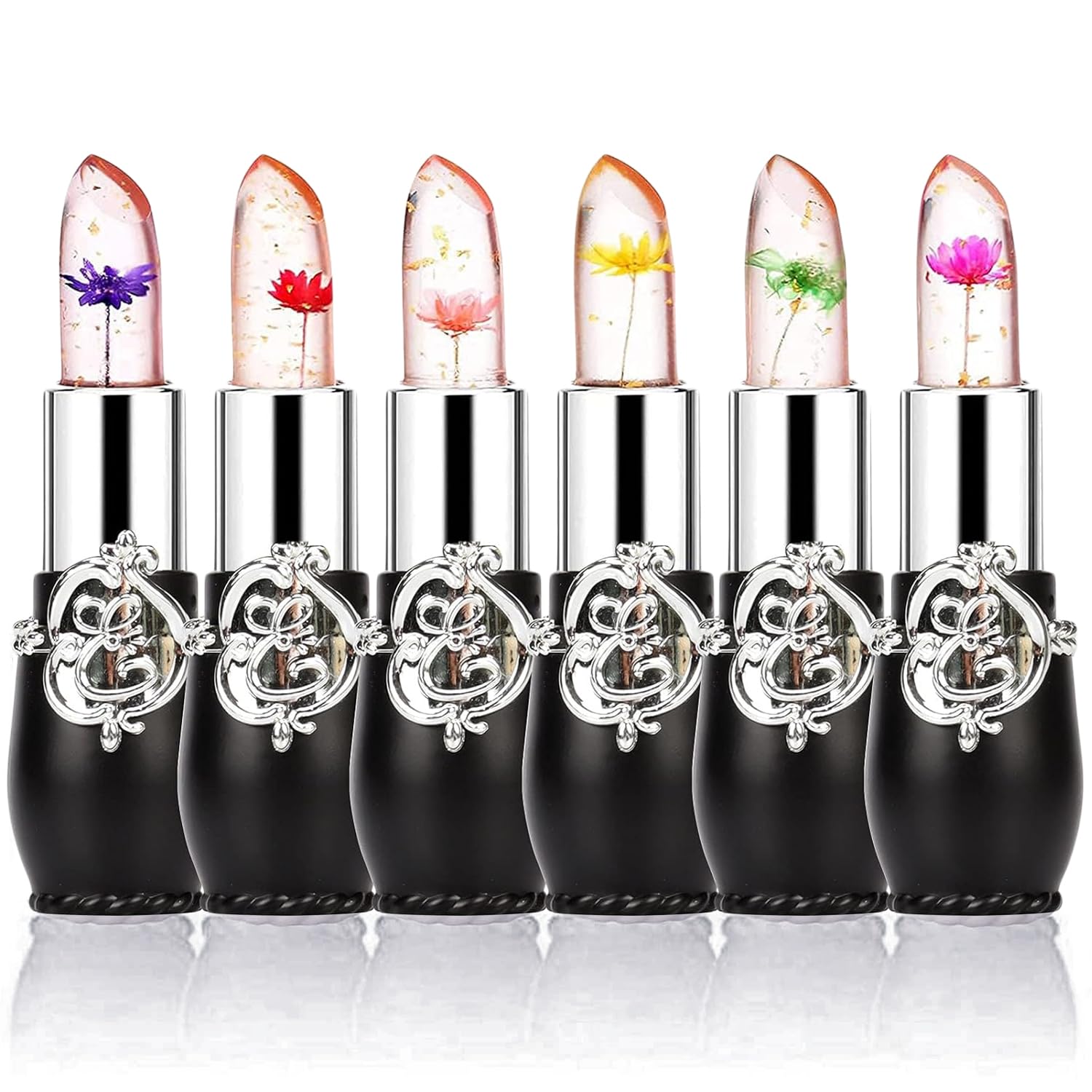firstfly Pack of 6 Crystal Flower Jelly Lipstick, Long Lasting Nutritious Lip Balm Lips Moisturizer Magic Temperature Color Change Lip Gloss (Black)