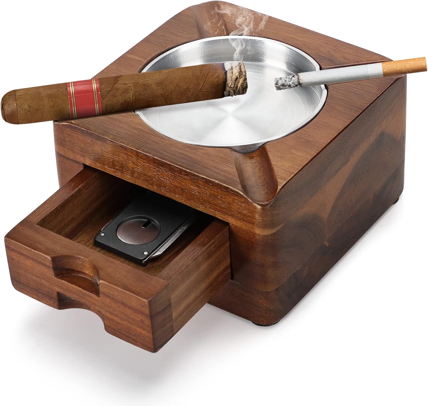 Cigar Ashtray, Wooden Ashtray, Square Ashtray 4 Slots Cigar Holder with Cigar Accessories Drawer for Indoor Outdoor Patio Home Office, Personalized Cigar Gifts for Men