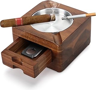 Cigar Ashtray, Wooden Ashtray, Square Ashtray 4 Slots Cigar Holder with Cigar Accessories Drawer for Indoor Outdoor Patio Home Office, Personalized Cigar Gifts for Men