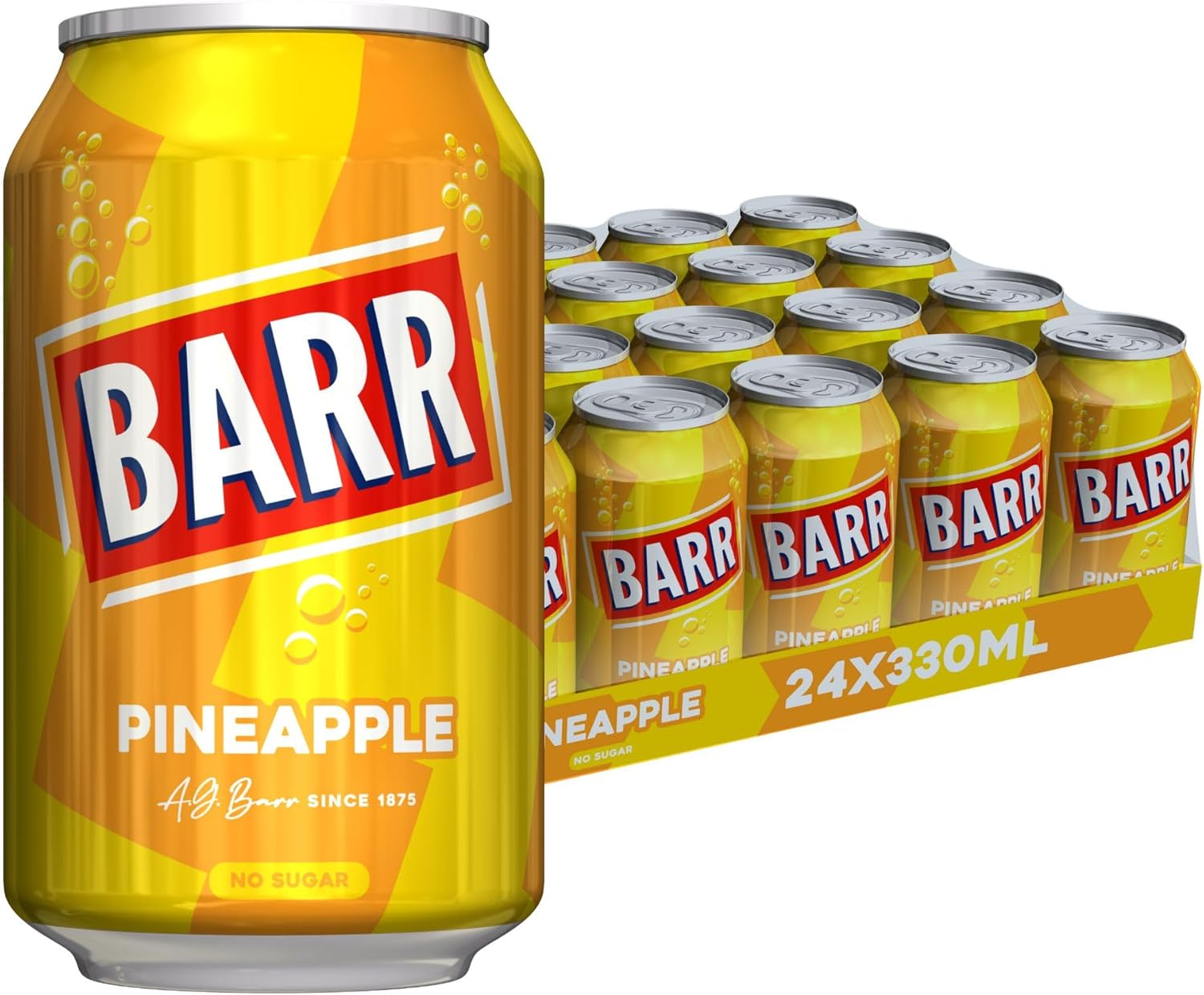 BARR since 1875, 24 Pack Sparkling Pineapple Soda, Zero No Sugar Pineapple Flavoured Fizzy Drink "Fizzingly Fun" - 24 x 330ml Cans