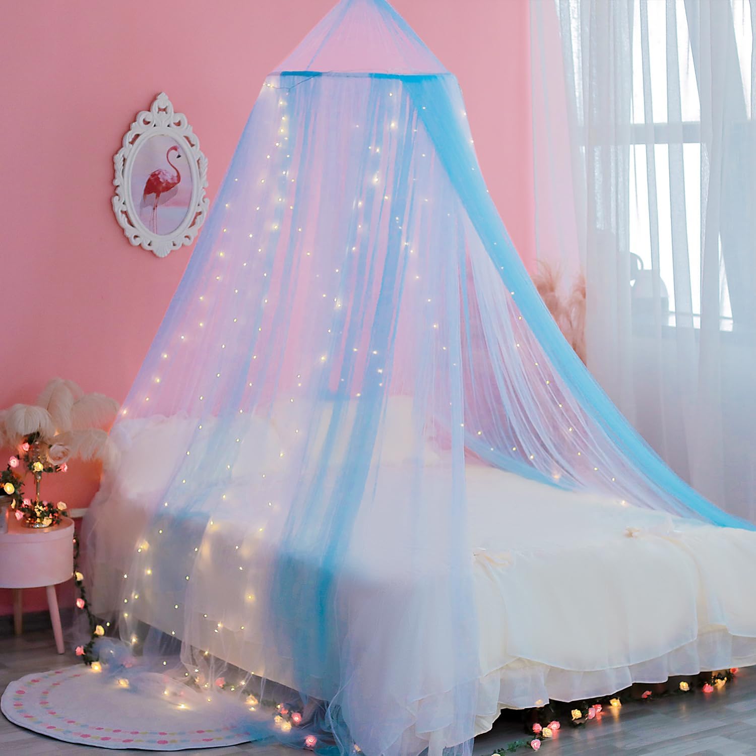 Princess White Blue Bed Canopy with Warm Fairy Lights for Girls Bed Net,Princess Canopy for Kids Bed Room Decor