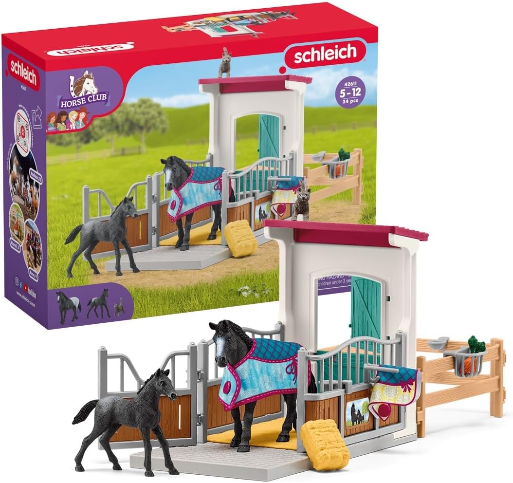 Schleich Horse Club - 34PC Stall Extension Horse Toy Playset with Mare and Foal Figure, Cat Figurine, and Accessories - Stable Set for Girls and Boys - Interactive, Realistic Kids Toys Ages 5+ - 42611