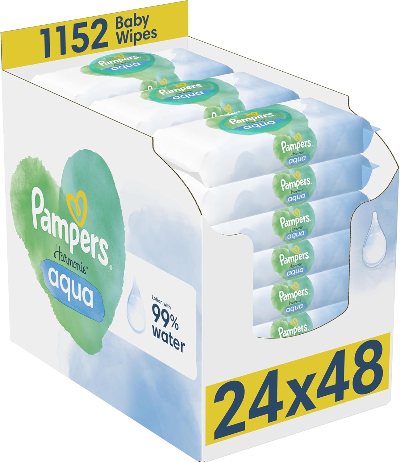 Pampers Harmonie Aqua Baby Wipes 24 Packs of 48 Wipes = 1152 Baby Wet Wipes, Help restore natural skin pH,delicate lotion with 99% water