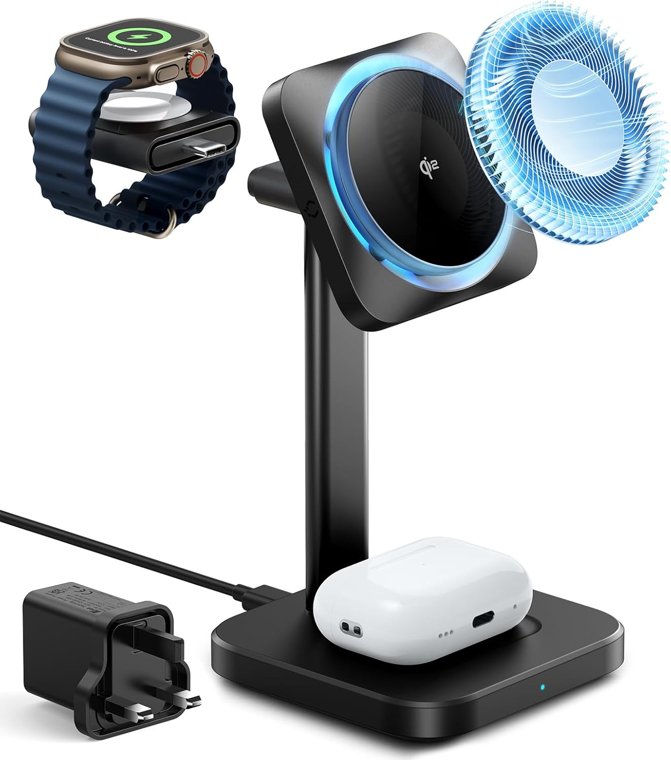 ESR Qi2 3 in 1 Wireless Charging Station with CryoBoost, [Certified] Apple Watch Charger & 15W Qi2 Charger Stand for iPhone, Phone-Cooling Wireless Charger, iPhone 16/15/14/13, Watch & AirPods, Black