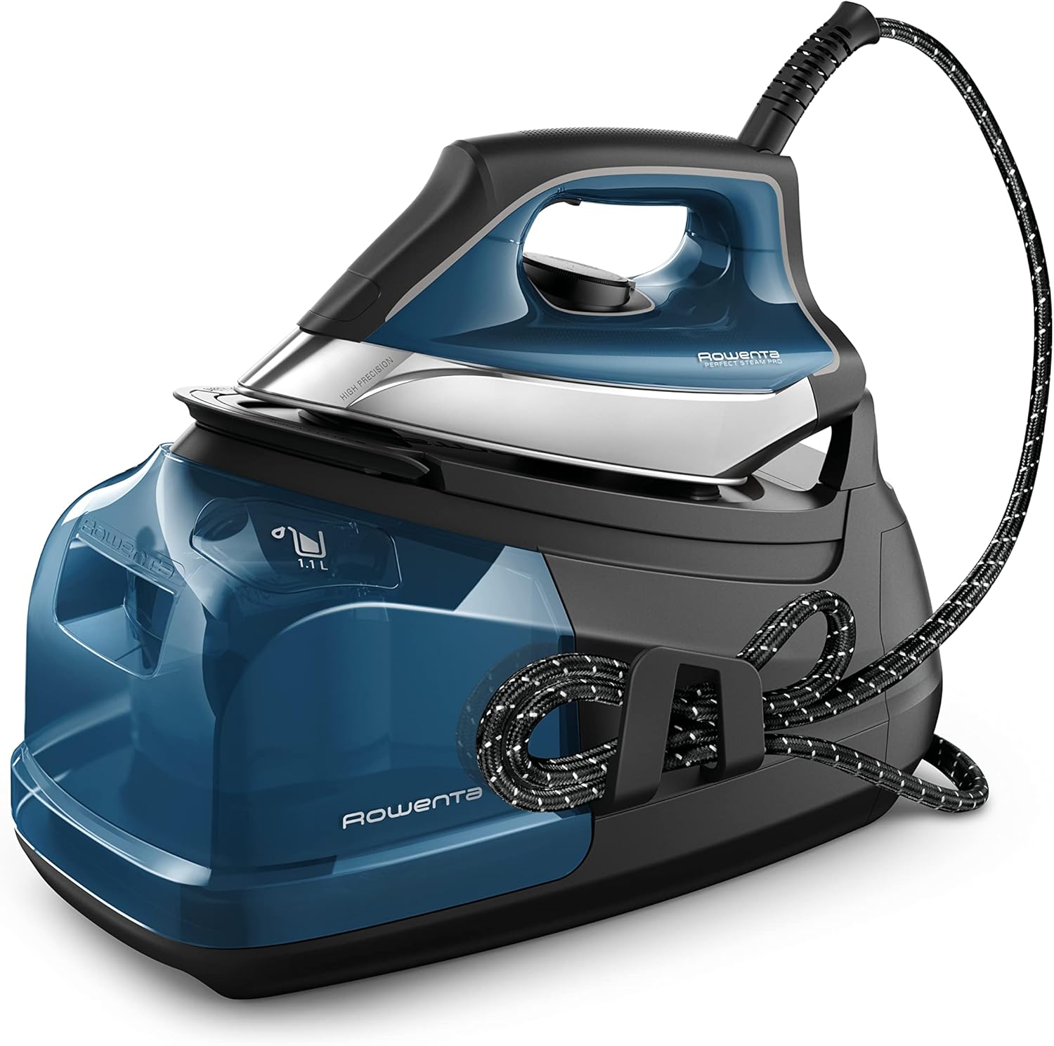 Rowenta, Iron, Perfect Steam Pro Stainless Steel Soleplate Professional Steam Station for Clothes, 1.1L Removable Tank, Fast Heat Up, 1800 Watts, Steam Iron, Blue Clothes Iron, DG8624