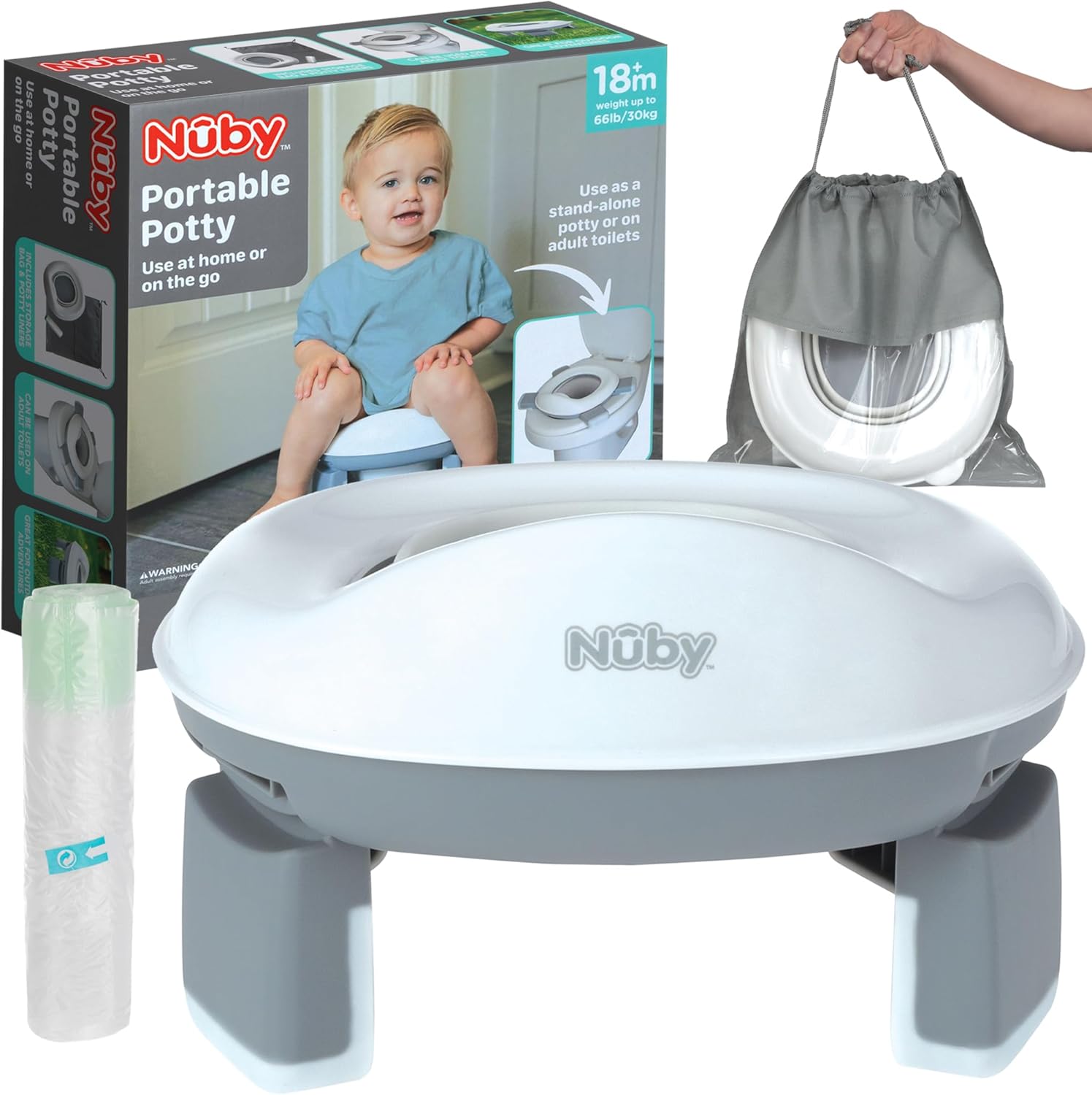 Nuby Go Potty Portable Toddler Toilet, Non-Slip, Travel Ready, Splash Guard, Suitable for 18+ Months (20 Disposable Bags Included)