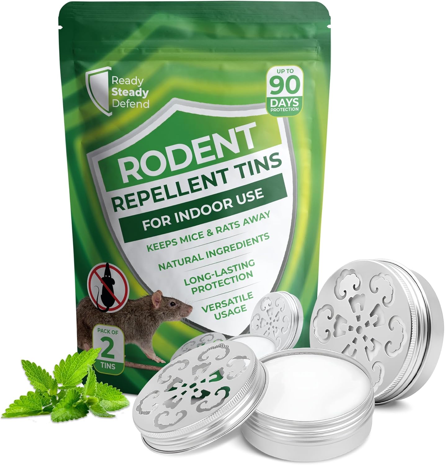 Rat & Mouse Repellent Tins - Pack of 2 | Peppermint Oil Mice Repellent | Effective Rat Repellent Indoor Rodent Control | Easy to Use Mouse Deterrent | Powerful Pest Control Solution for Home
