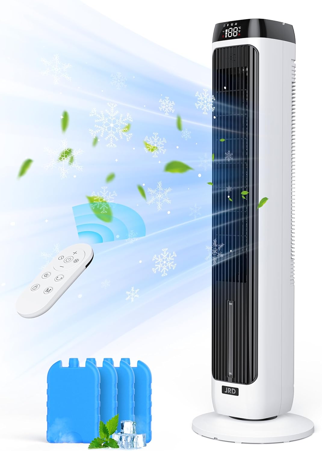 JRD 41" Evaporative Cooler with 3 Speeds, 5 Modes, Remote, 80° Oscillation Swamp Cooler with 12H Timer, Bladeless Tower Fan Cooling Fan for Bedroom Office Home