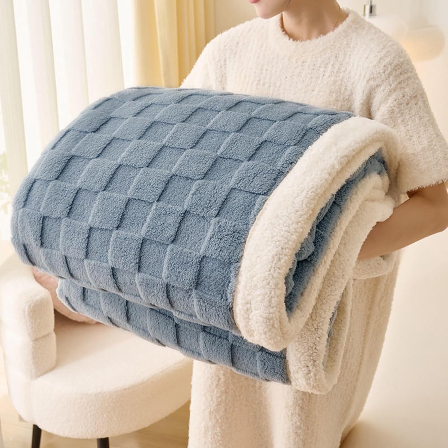 Gracelife Sherpa Throw Blanket Fleece Blanket Double, Soft Fluffy Fuzzy Warm Blanket Throws for Bed and Couch, Large Thick Blanket for All Season Use (Dirty Blue-2, 60"*80", Solid)