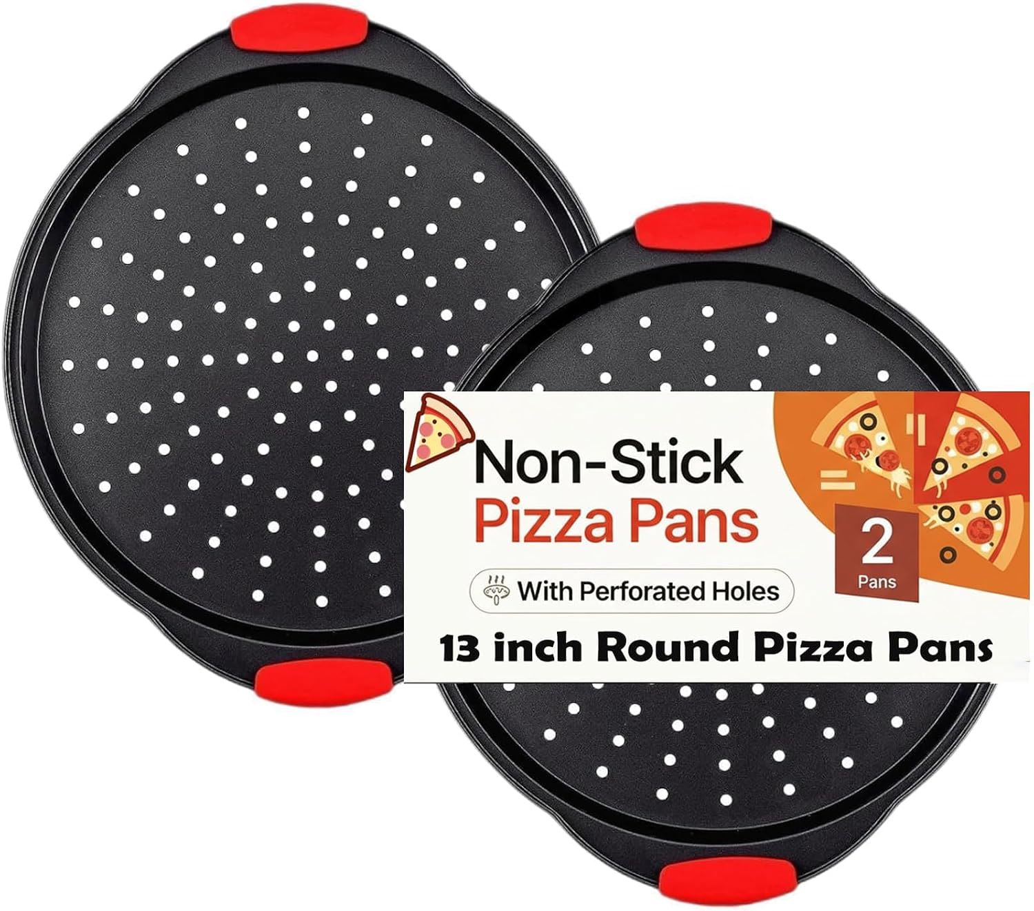 13 Inch Pizza Pan for Oven (2 Pack) Round Pizza Pan with Holes - Non-Stick Carbon Steel Pizza Tray with Silicone Handles - for Cooking, Baking, and Grilling - Dishwasher Safe