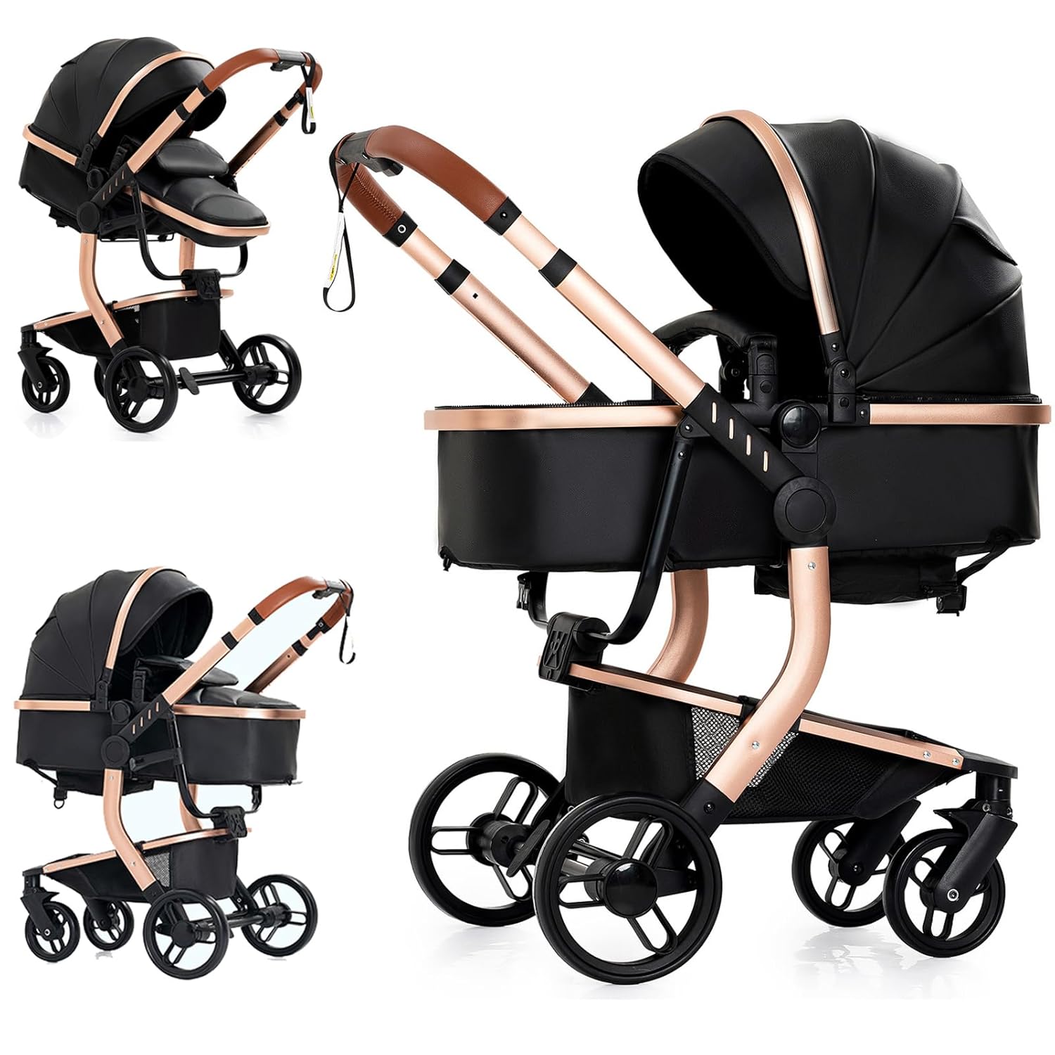 PU Leather 2 in 1 Baby Stroller Reversible Portable Standard Baby Stroller Convertible Pushchair Infant Buggy Baby Carriage Foldable High Landscape Pram Toddler Newborn (2US518-Black)