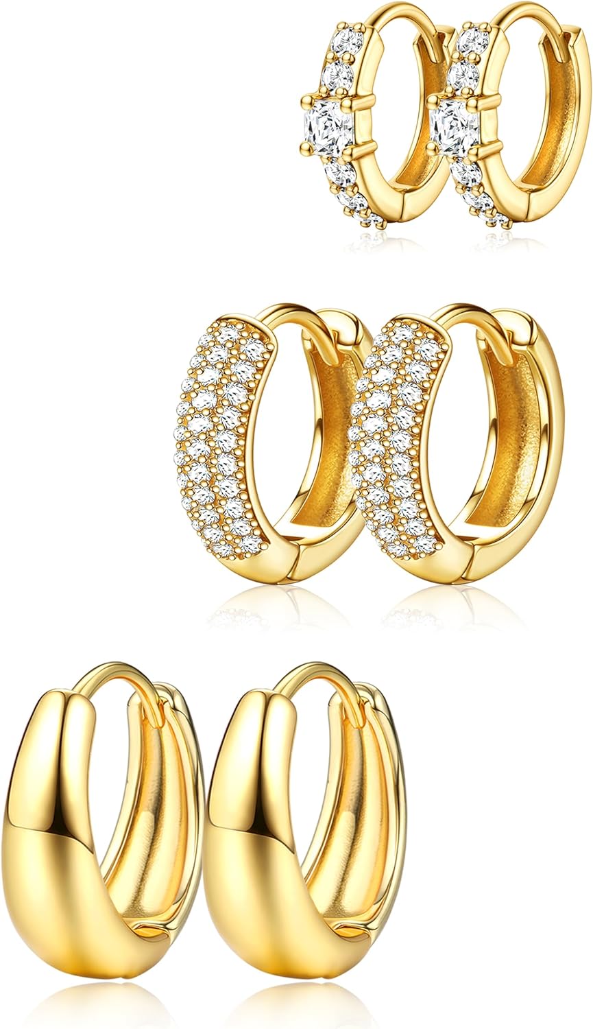LOLIAS Small 14K Gold Plated Chunky Hoop Earrings for Women Hypoallergenic Silver Earrings Set for Sensitive Ears Non Tarnish Huggie Hoops Earring Stacks for Multiple Piercing Jewelry Lightweight 3Pairs