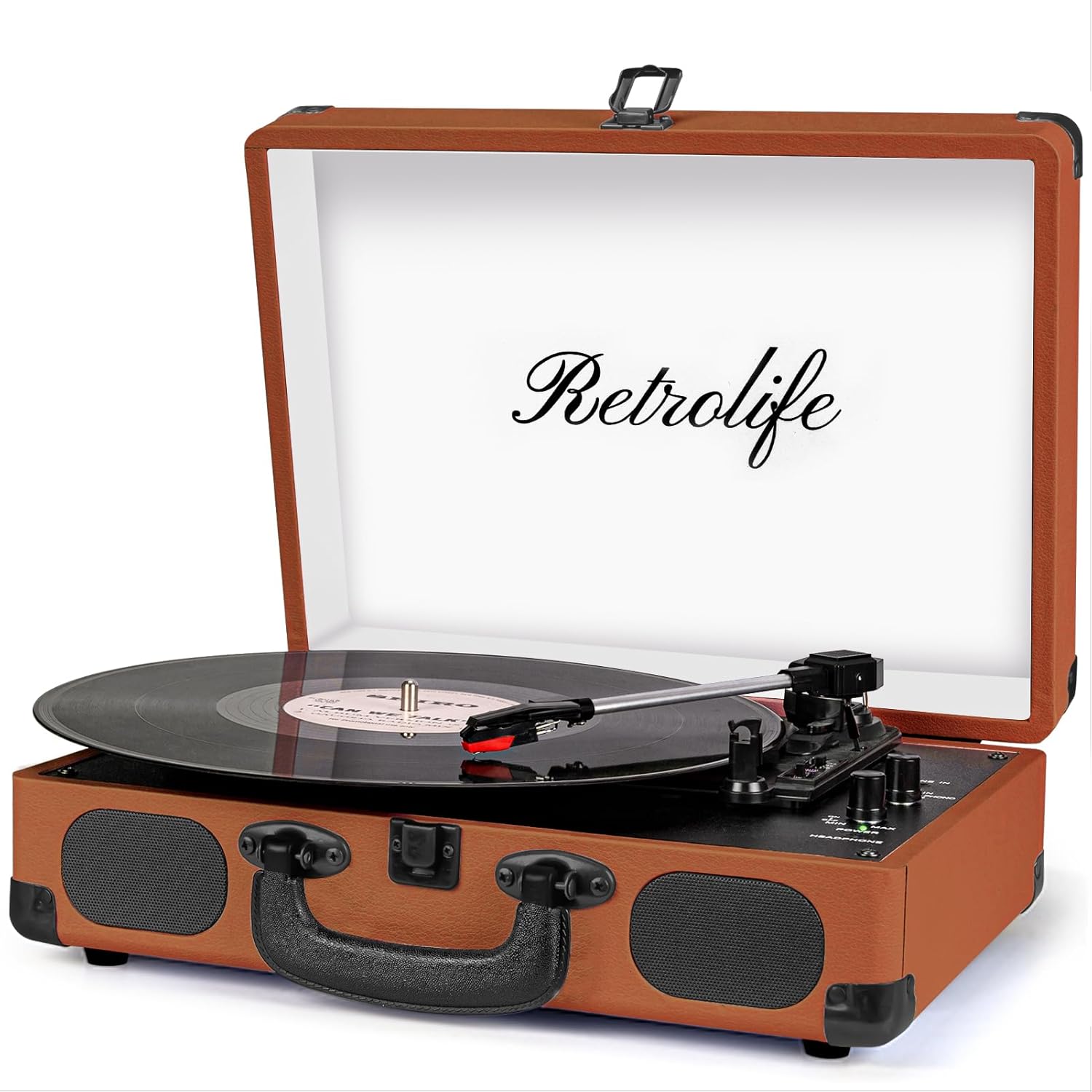 Vinyl Record Player 3-Speed Bluetooth Suitcase Portable Belt-Driven Record Player with Built-in Speakers RCA Line Out AUX in Headphone Jack Vintage Turntable Brown