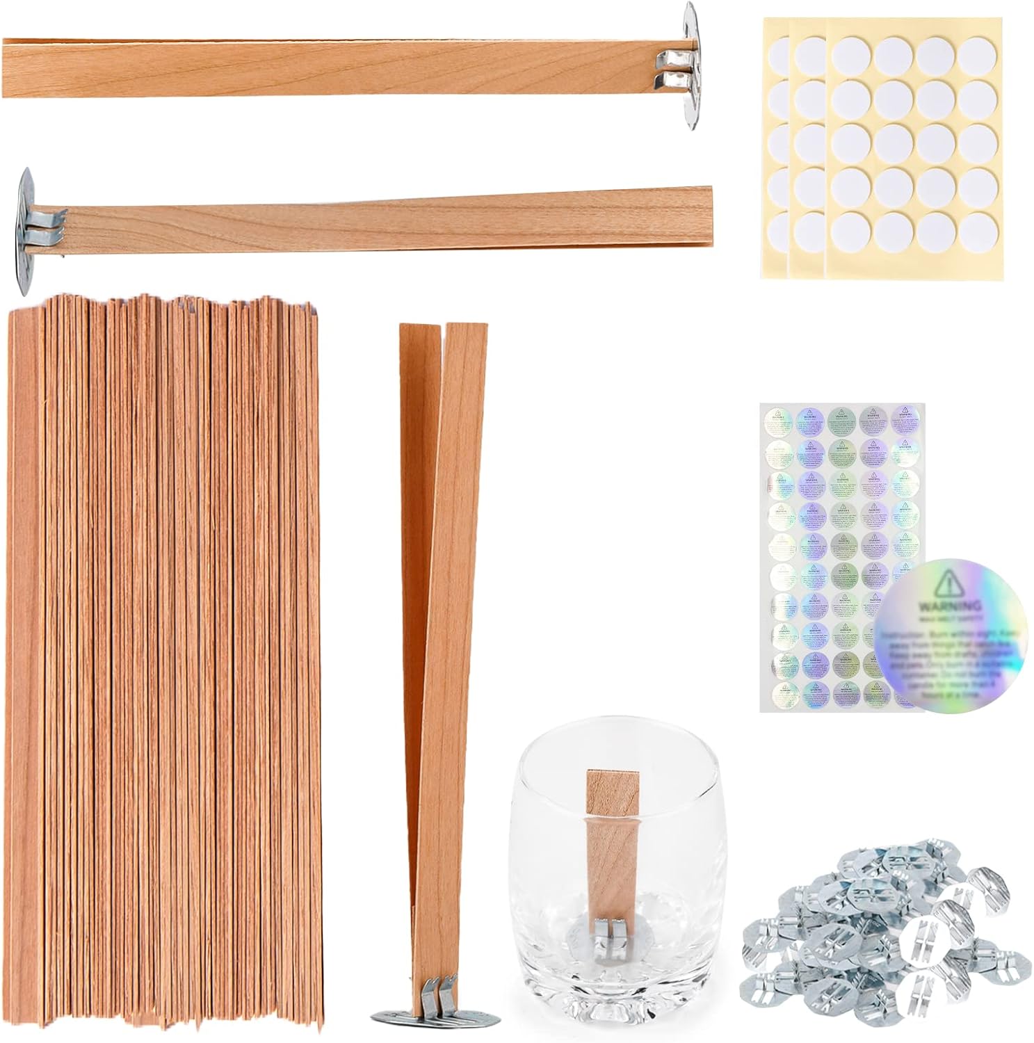 Ziosxin 100 Pcs Smokeless Cherry Wood Candle Wicks, Long Lasting Flame, Easily Burn, Candle Cores with Stand and Glue Dot, Warning Label for DIY Candle Making