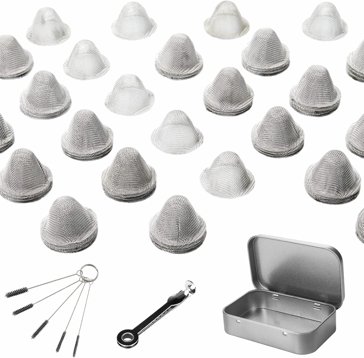 60 Pieces 1/2 Inch Stainless Steel Mesh Clean Screens with Tapered Design, 0.5 Inch Size, Along with a 3-in-1 Cleaning Tool, Brush, and Stainless Steel Storage Box