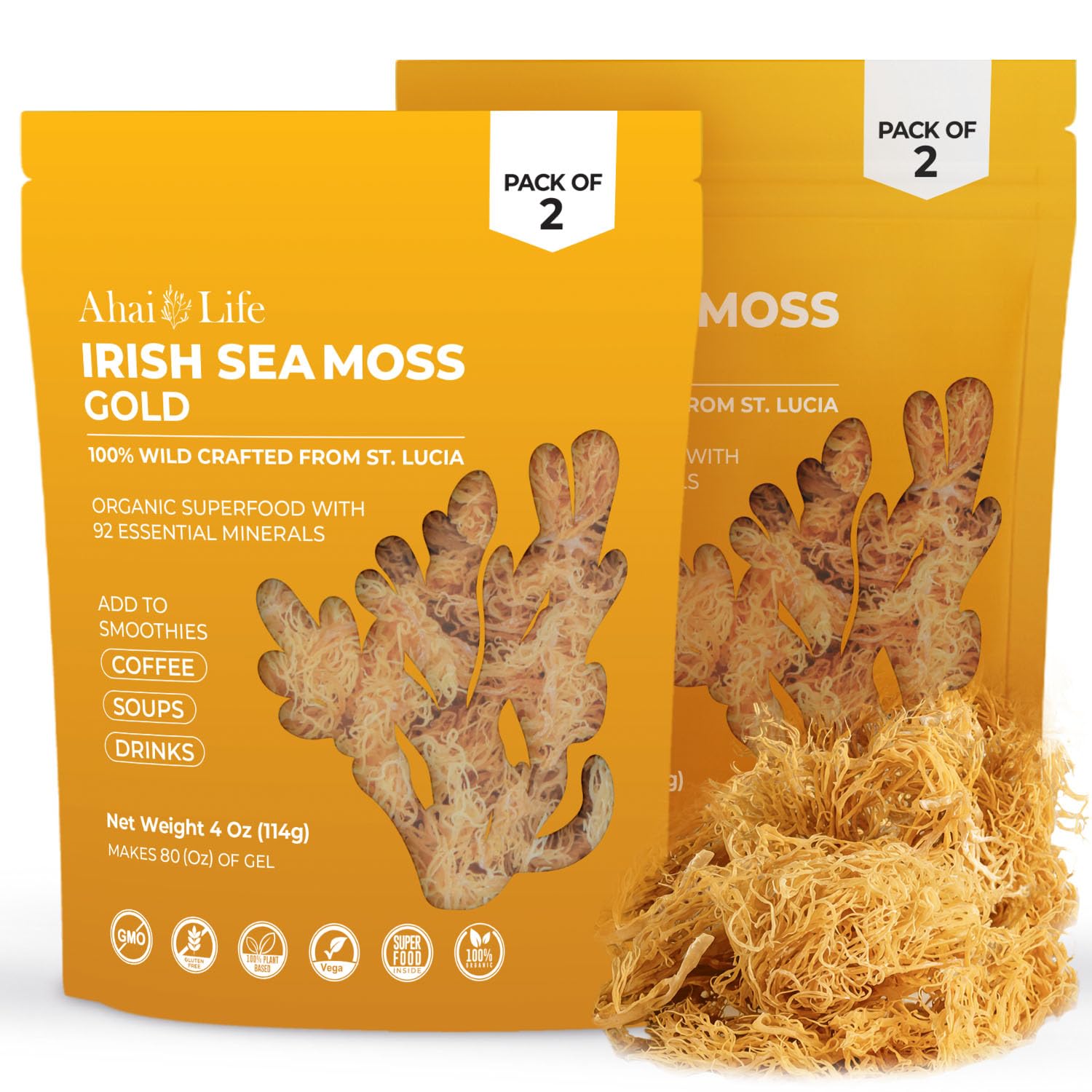 Gold Sea Moss Raw Organic| Makes 160oz of Gel - 100% Wild Crafted| Non-GMO Sun-Dried Mineral Rich Super Food for Energy| Booster Healthy, Immunity Digestion (8oz)