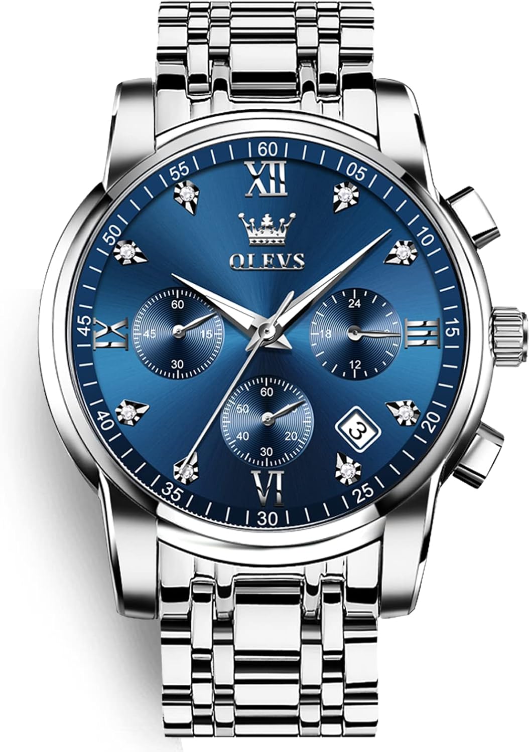 OLEVS Men's Chronograph Watch, Gold Silver Stainless Steel Analog Quartz Watch, Waterproof Multi-Function Dial with Date Diamond Watches for Men