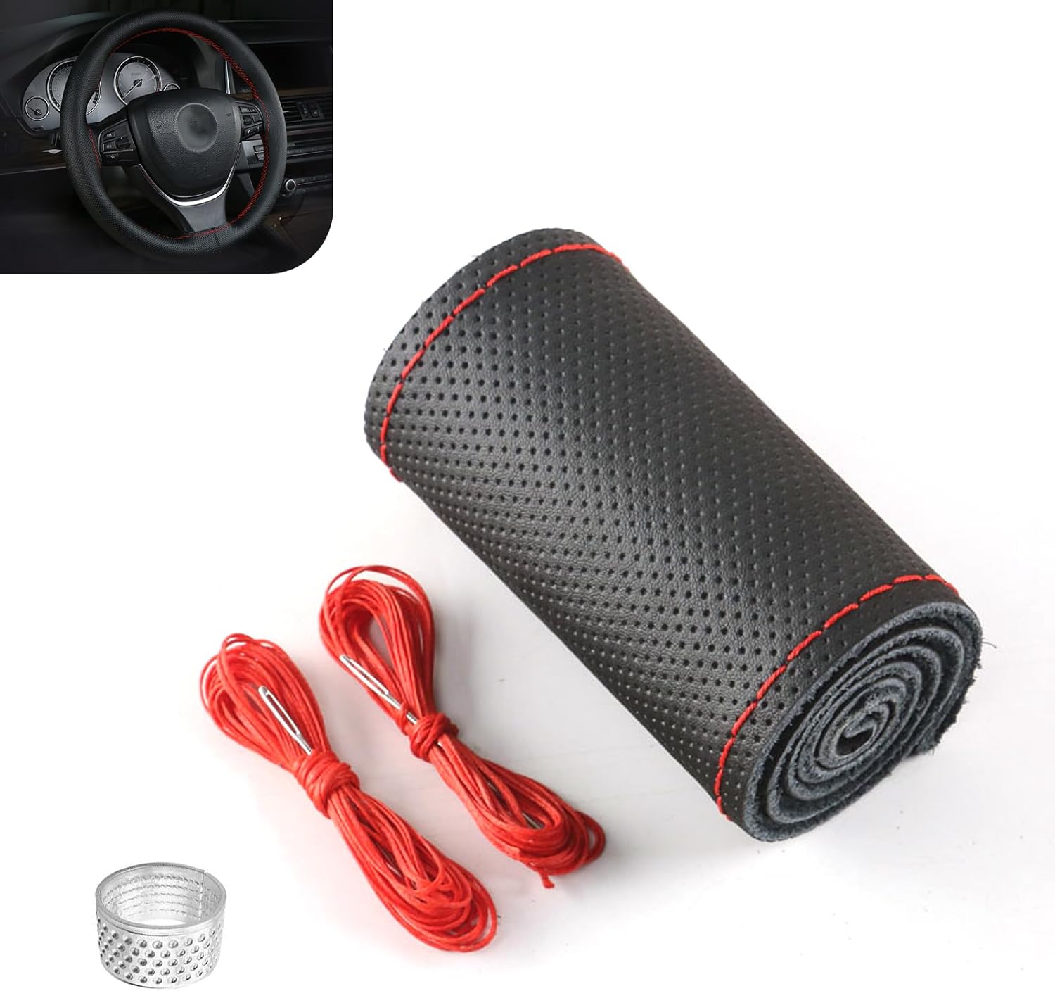 Genuine Leather Steering Wheel Cover, 15 Inch Hand Sewing Steering Wheel Wrap, Breathable Anti Slip Car Steering Wheel Protector, DIY Sewing with Needle Thread, for Most Vehicle (Red, Hole)