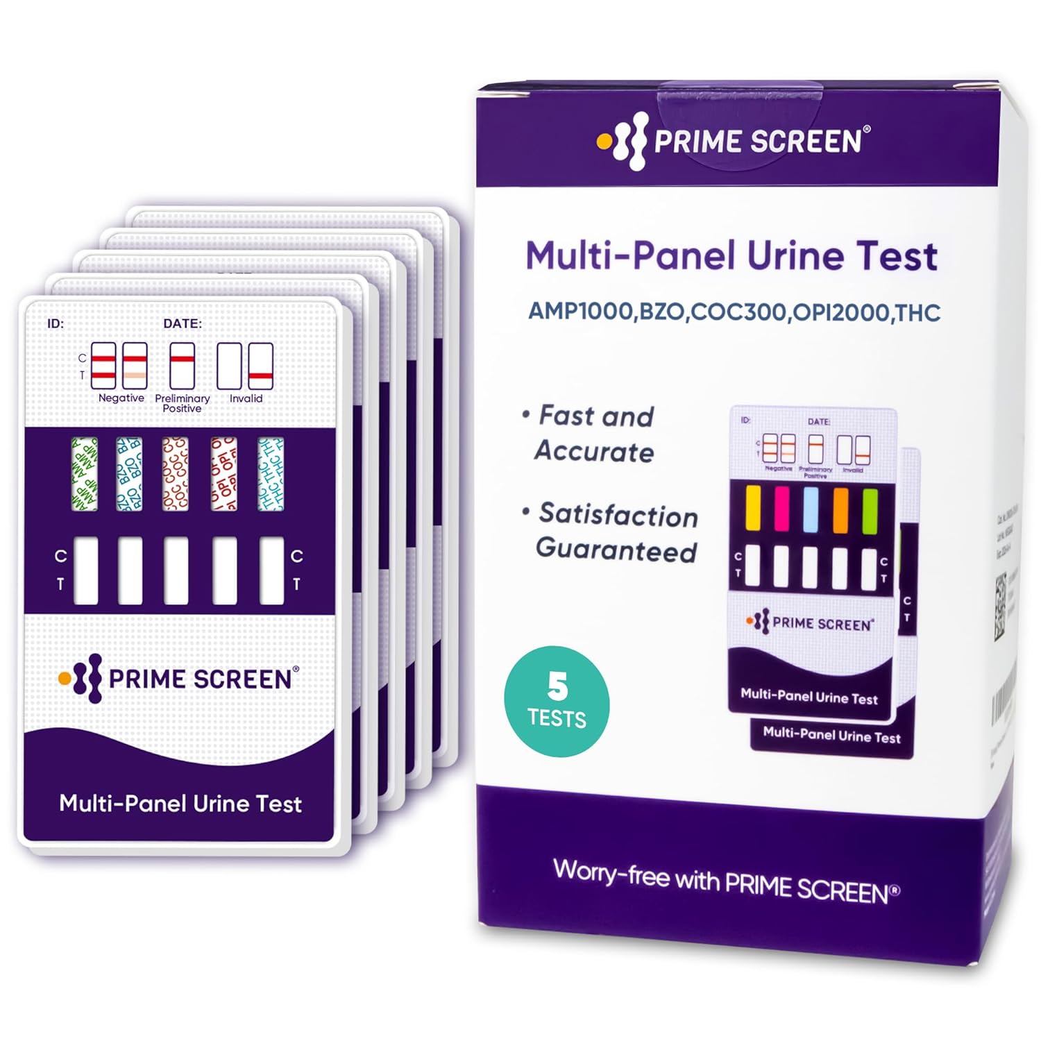 Prime Screen [5 Pack] 5 Panel Instant Urine Drug Test Kit, Medically Approved for Testing AMP, Benzos (BZO), COC, OPI, Marijuana (THC) - WDOA-754