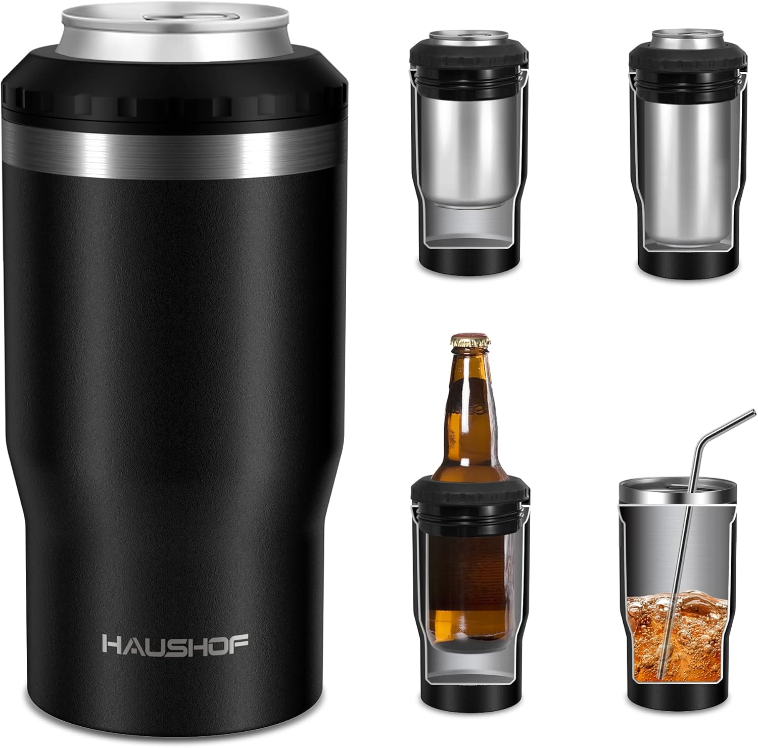 HAUSHOF 12 oz Can Cooler, 4 in 1 Insulated Stainless Steel Can Insulator, Fits for 12 oz Standard Can|12 oz Slim Can|12 oz Beer Bottle, Perfect for Camping, Beach, Picnic