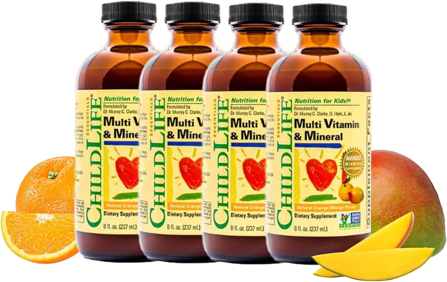 CHILDLIFE ESSENTIALS Kids Multivitamin & Mineral - Kids Vitamins, Liquid Multivitamin for Kids, Toddler Multivitamins, Liquid Vitamins, Baby Multivitamin - Natural Orange & Mango, 8 Fl Oz (Pack of 4)