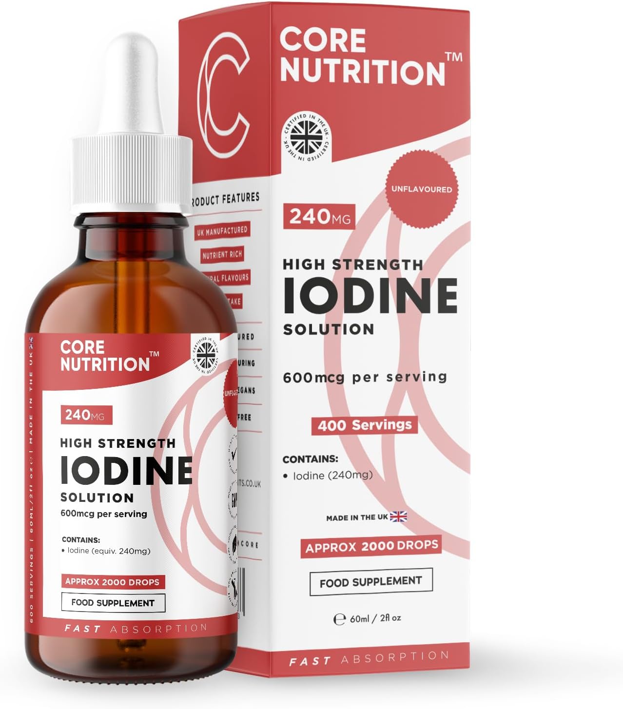 Iodine Liquid Drops - Vegan - High Strength 600mcg per Serving - 400 Servings - 240,000mcg per 60ml Dropper Bottle - Liquid Iodine Solution for Fast Absorption - Made in UK by Core Nutrition