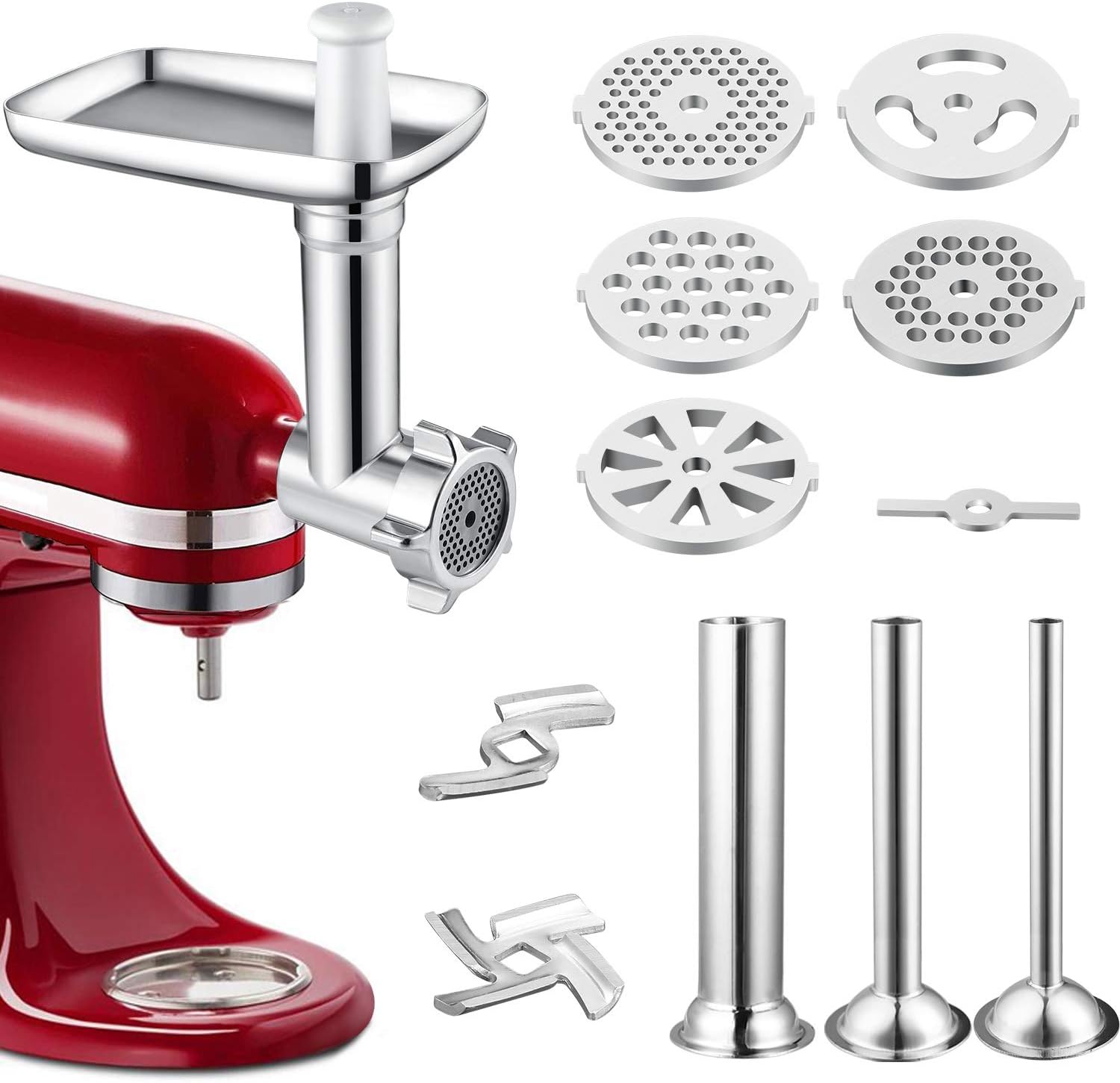 Gdrtwwh Metal Food Grinder Attachment Compatible with All KitchenAid Stand Mixers and PHISINIC Stand Mixer,Includes 3 Sausage Stuffer Tubes