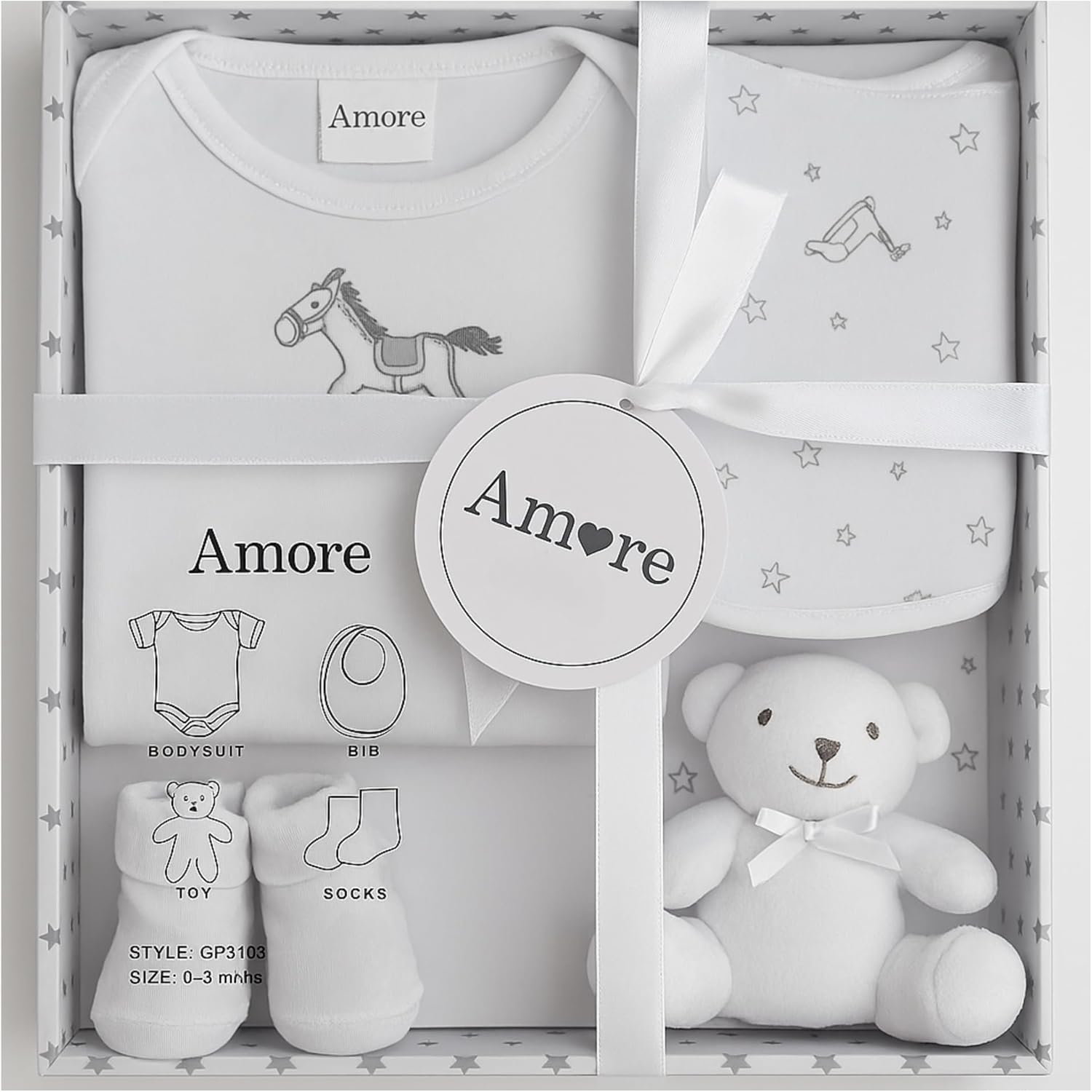 Newborn Baby Gift Set – 4 Piece White Unisex Baby Gift Box with Bodysuit, Bib, Socks & Soft Toy – Newborn Essentials for Baby Shower Gifts, Gener Reveal Gifts, New Baby Gift Hamper (White)