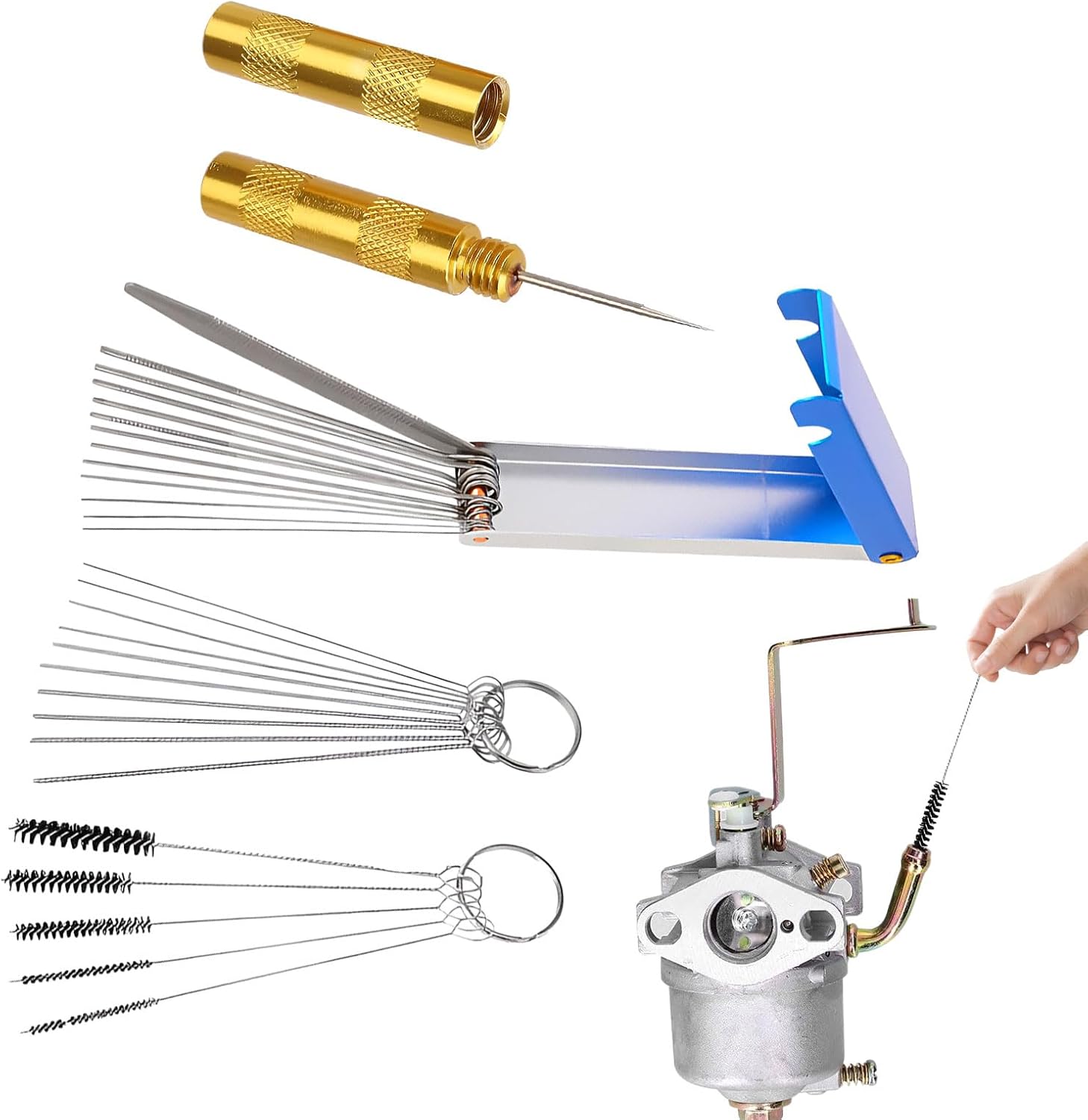 Carburetor Cleaner Set,Carb Cleaning Kit,13 Cleaning Wires Set,10 Cleaning Needles,5 Nylon Brushes Tool Kit,1 Sharp Pick Carburettor Jet Cleaning Tool,Carburettor Cleaner