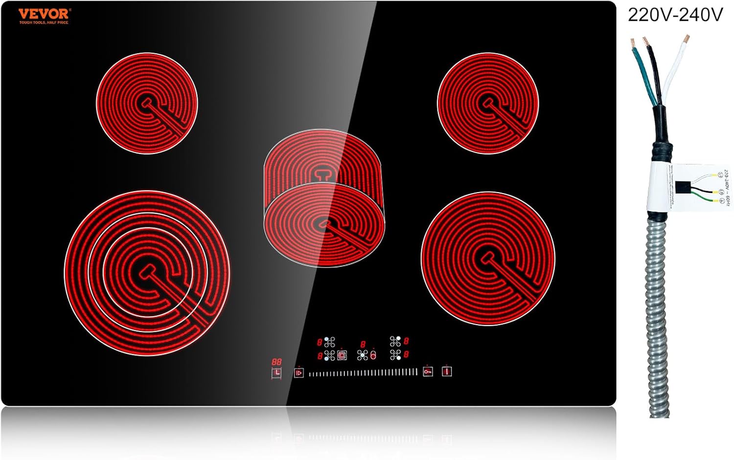 VEVOR Built in Electric Stove Top, 30 inch 5 Burners Ceramic Cooktop, 240V Glass Radiant Cooktop with Sensor Touch Control, Timer & Child Lock Included, 9 Power Levels for Simmer Steam Slow Cook Fry