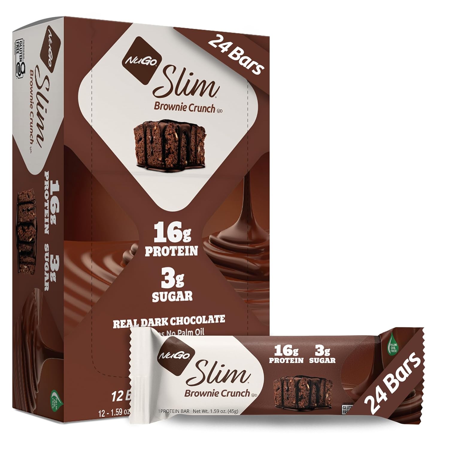 Nugo Slim Dark Chocolate Brownie Crunch, 16g Protein, 2g Sugar, 7g Fiber, Low Net Carb, Keto Friendly, Gluten Free, 24 Count