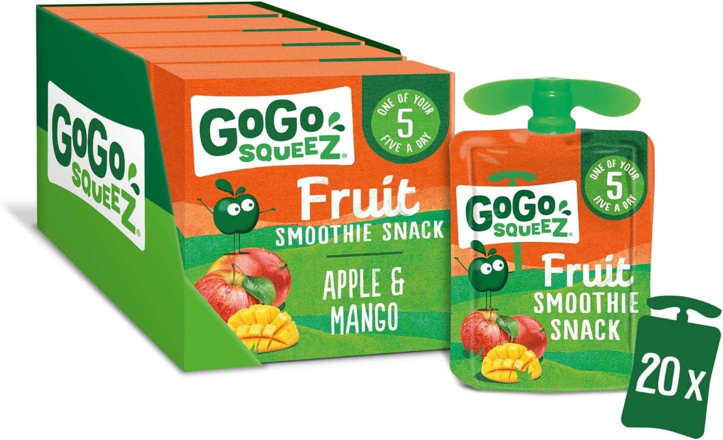 GoGo squeeZ Fruit Pouches, Apple Mango, 20x90g, No Added Sugar, Kids Snacks