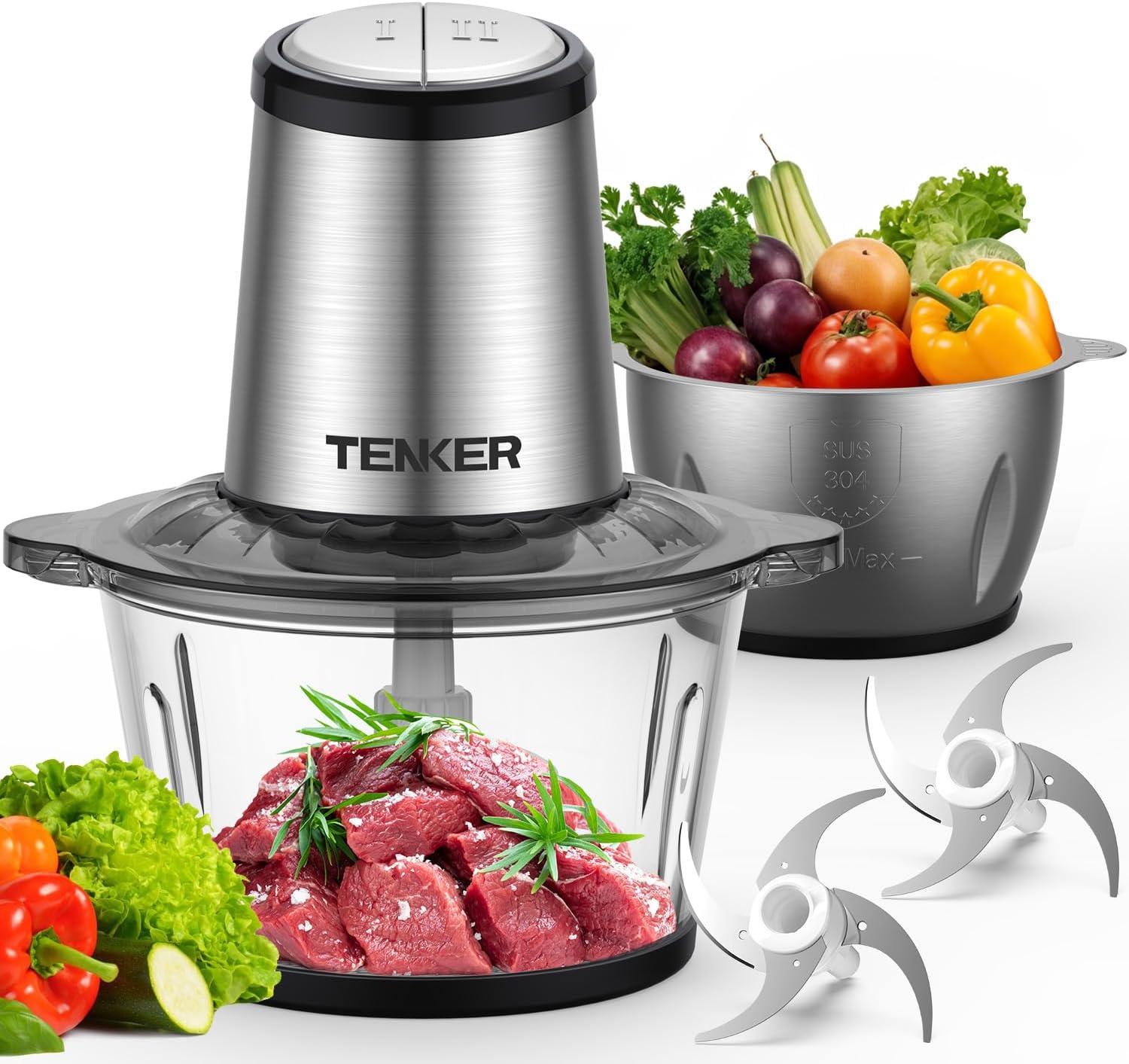 TENKER Food Processor, Electric Food Chopper with 2 Bowls (2L+2L), 2 Sets Blades, 500W Meat Grinder & Veggie Chopper, 2 Speed for Baby food &Family Use, Black