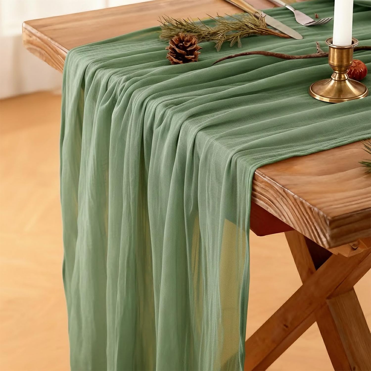 Cheesecloth Table Runner, 120 Inch 10 FT, Sage Green | 1 Pack, 35x120 Inches Boho Rustic Cheesecloth Gauze, Cheese Cloth Runner for Weddings, Thanksgiving, and Party Decor