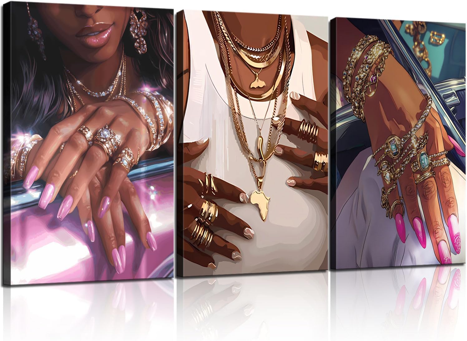 NCYEL 3Pcs Black Girls Wall Art African American Fashion Canvas Print Luxury Shiny Picture Gold Jewelry Decorative Prints Posters Bedroom Living Room Salon Artwork 16X24Inch