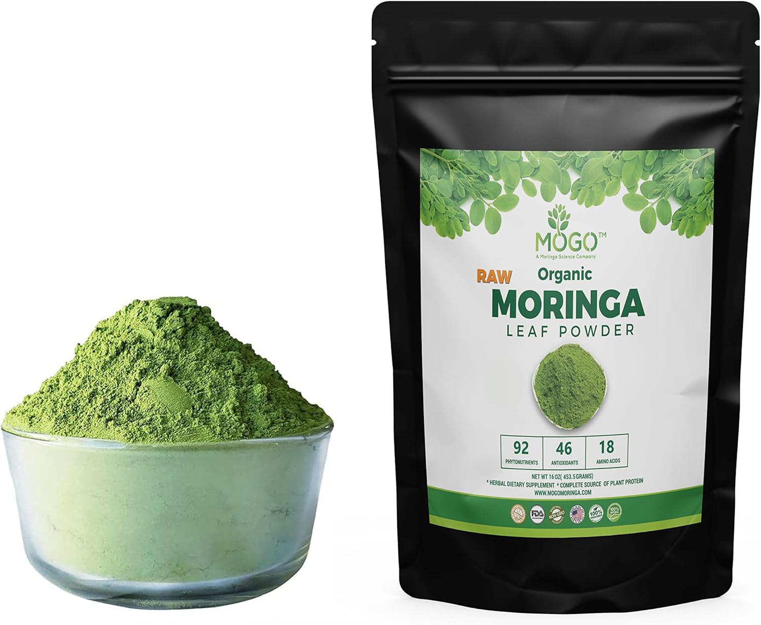 MOGO Fresh Organic Moringa Powder 1 Lb, Antioxidant Rich Potent Green Superfood Rich,Premium Moringa Oleifera Leaf Powder Perfect for Teas,Smoothies,Juice.Moringa Powder Organic.