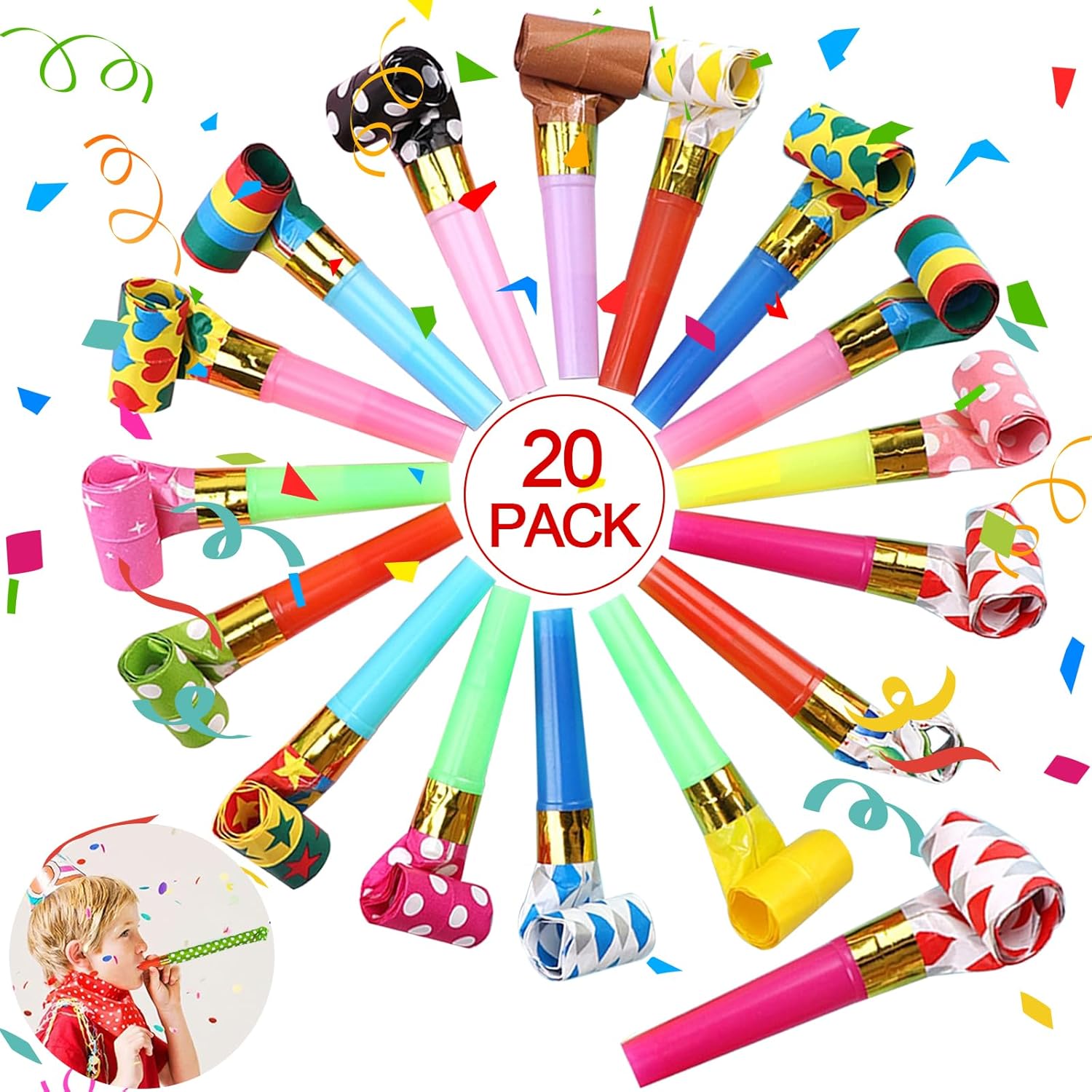 20 PCS Colourful Party Blowers Whistles, Colourful Loot Filler Noise Toy, Blowers Noisemakers, Party Supplies, Party Noise Generator for Birthday Party, Anniversary, Graduation, Wedding, Christmas