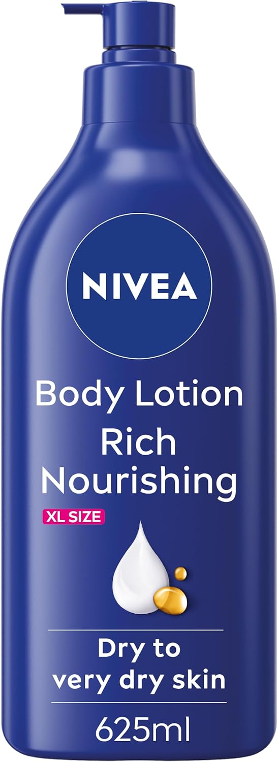 NIVEA Rich Nourishing Body Lotion (625ml), Rich 72H Hydration NIVEA Moisturiser for Dry Skin Made with Deep Moisture Serum and Almond Oil, Extra Large NIVEA Body Lotion
