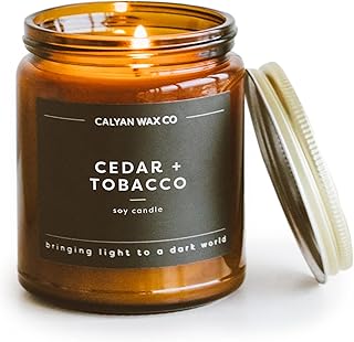 Calyan Wax Soy Wax Candle, Cedar & Tobacco Scented Candle for The Home | Premium Candle with Essential Oils | 7.2 oz 57 Hour Burn | Soy Candle in Amber Glass Jar | Aromatherapy, Gift