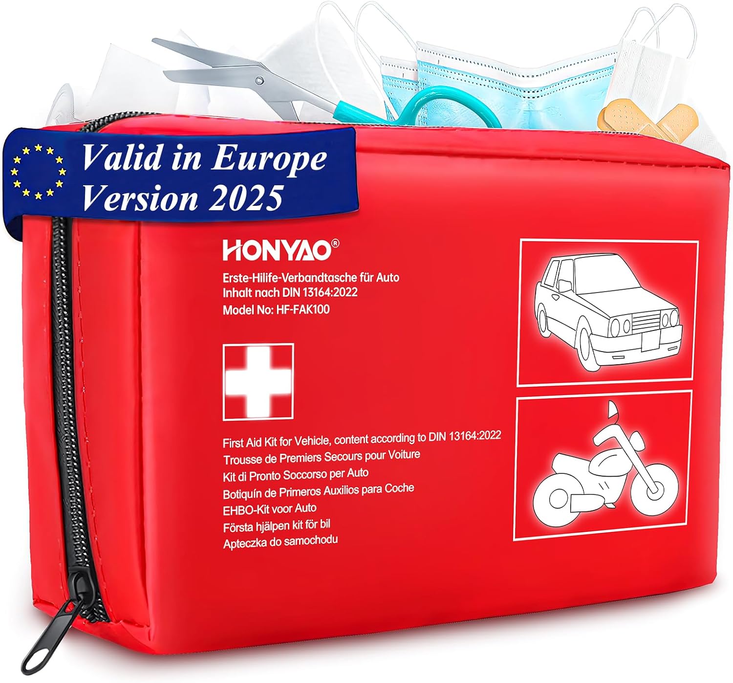 HONYAO First Aid Kit Car 2025, First Aid Kit Compliant with The Latest DIN 13164 Standard, Valid on The Continent, Medical Emergency Kit for Vehicle Truck Caravan Travel Camping