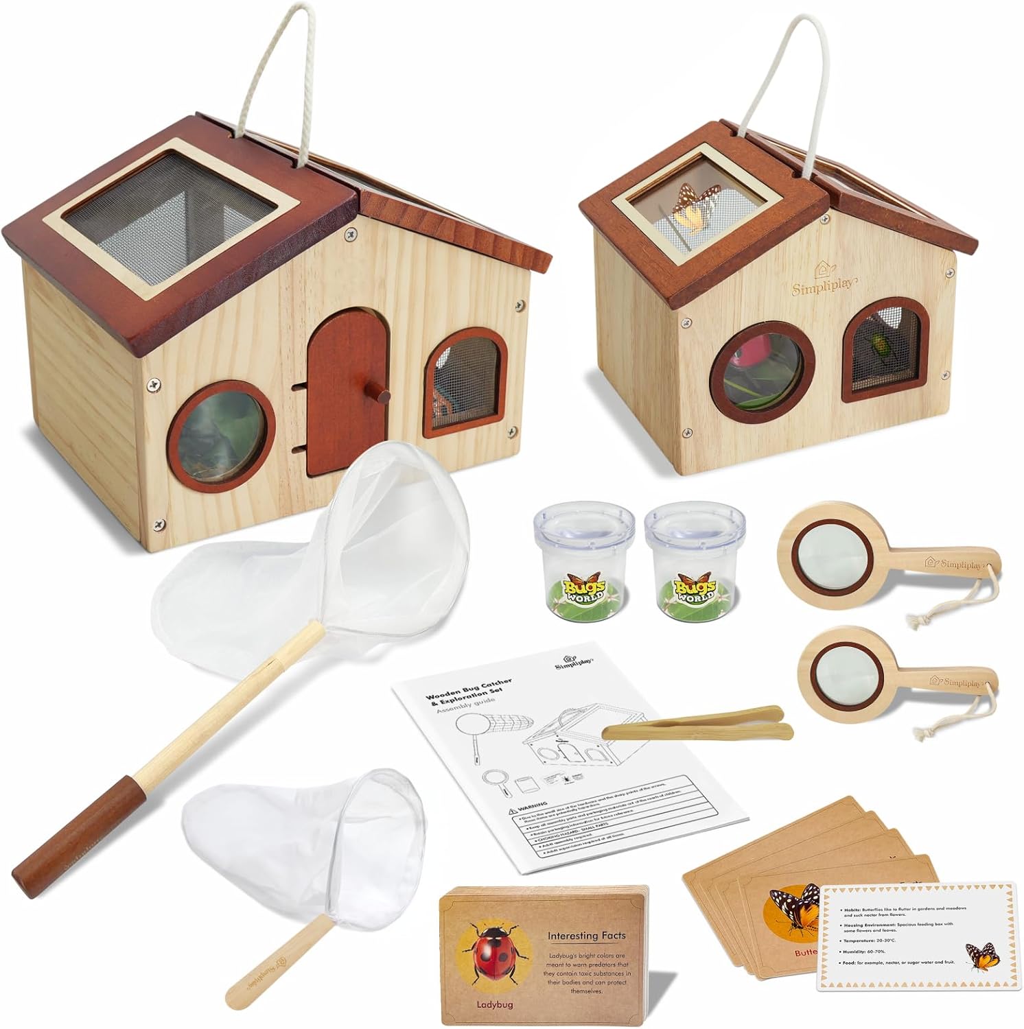 Kids Explorer Kit & Bug Catcher for Kids, Outdoor Toys with Large Portable Wooden Bug Habitat, Butterfly Net, Magnifier, Observation Cup, 15 Insect Cards for Toddler 3-8 Year Old Boy Gift