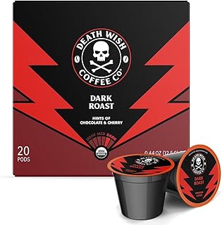 Death Wish Coffee Co. Single Serve Pods - Dark Roast Coffee Pods - Made with USDA Certified Organic, Fair Trade, Arabica and Robusta Beans (20 Count)