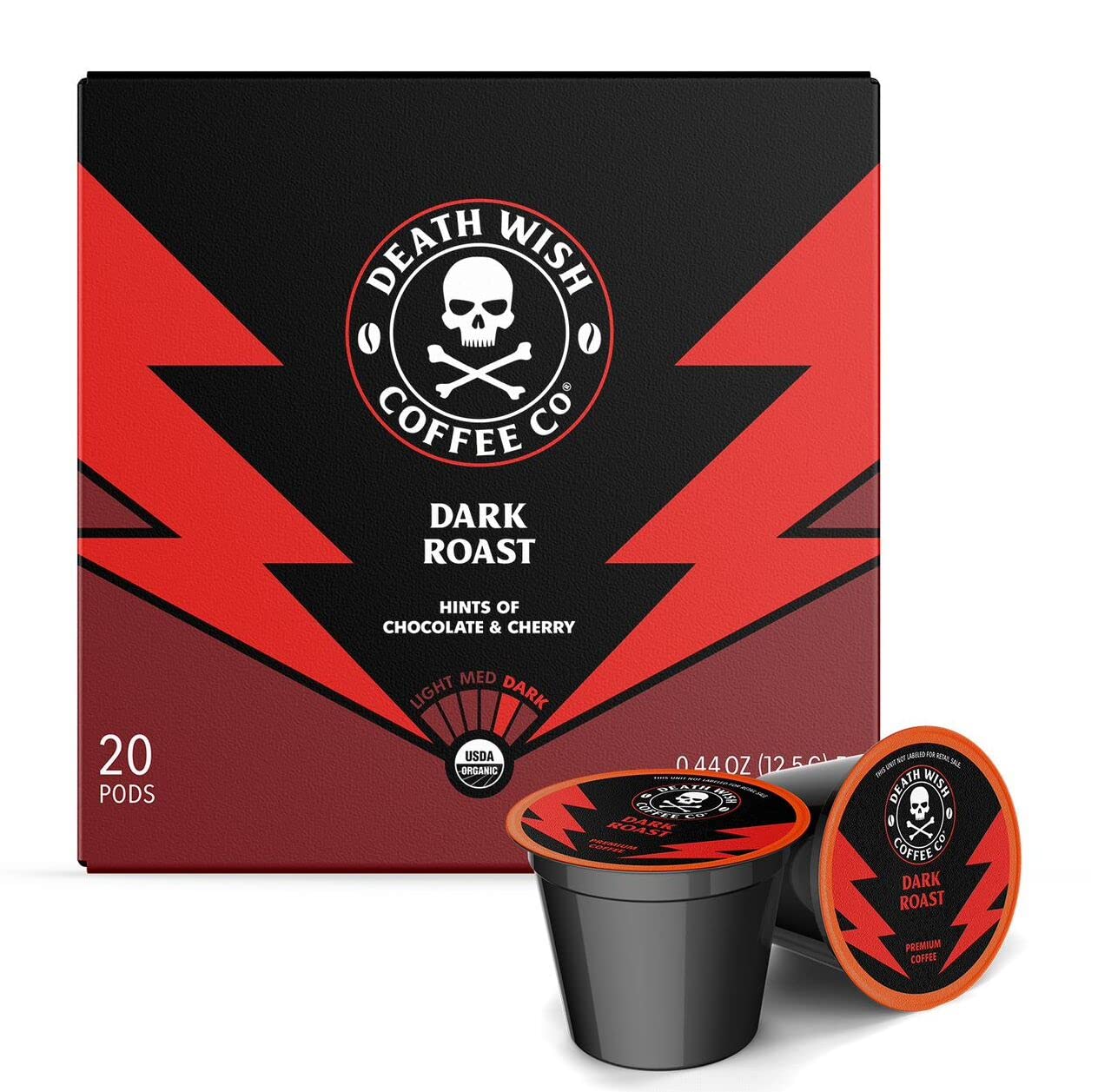 Death Wish Coffee Co. Single Serve Pods - Dark Roast Coffee Pods - Made with USDA Certified Organic, Fair Trade, Arabica and Robusta Beans (20 Count)